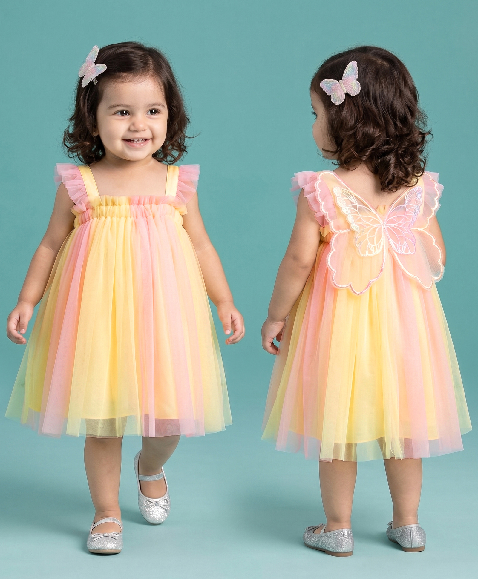 Babyhug Woven Solid Mesh Sleeveless Sequins Embroidered & Butterfly Appliqe Party Dress - Pink & Yellow-image-31