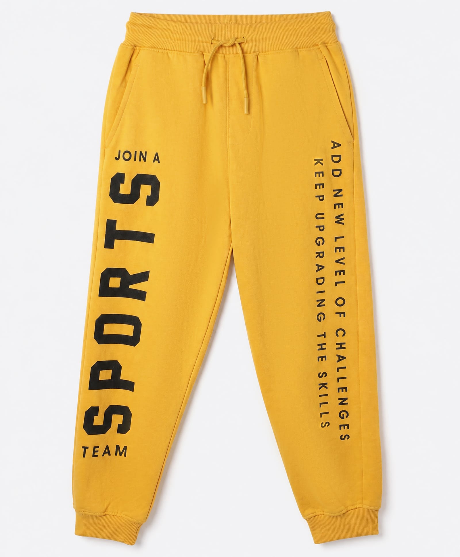 Pine Kids Cotton Knit Full Length Jogger Fit Lounge Pant with Slogan Print in Yellow-picture-17