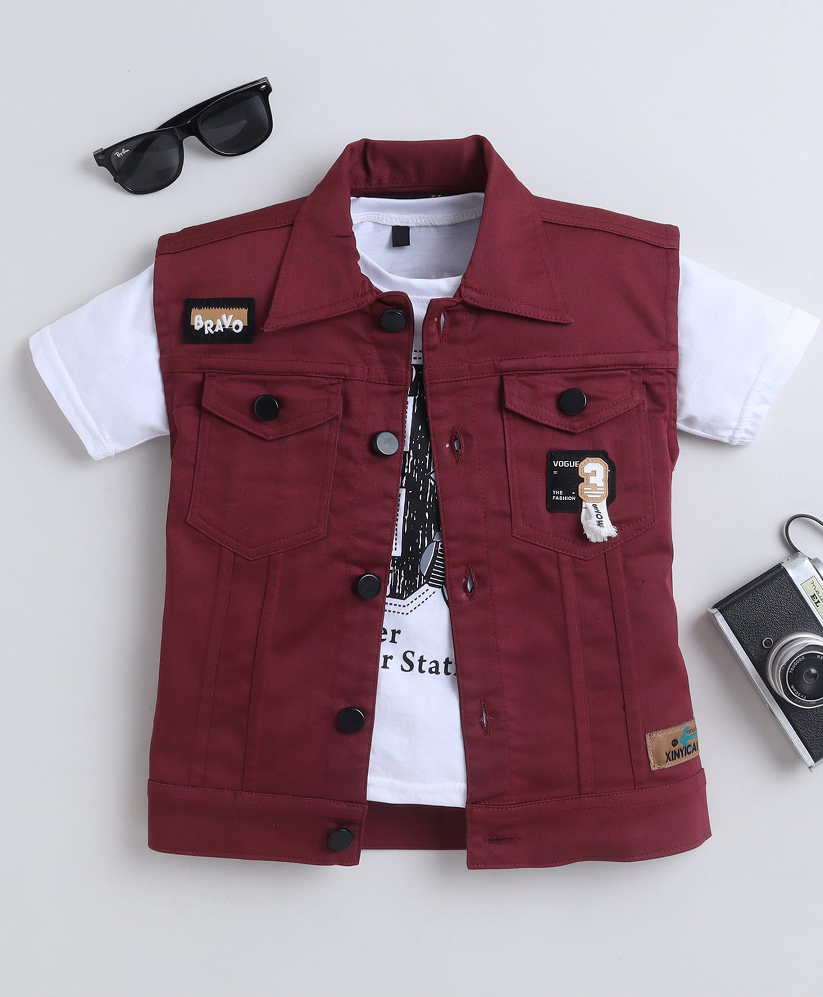 Ministitch Denim Woven Patch Detailed Jacket With Half Sleeves 8 Number Printed Tee - Maroon-picture-15