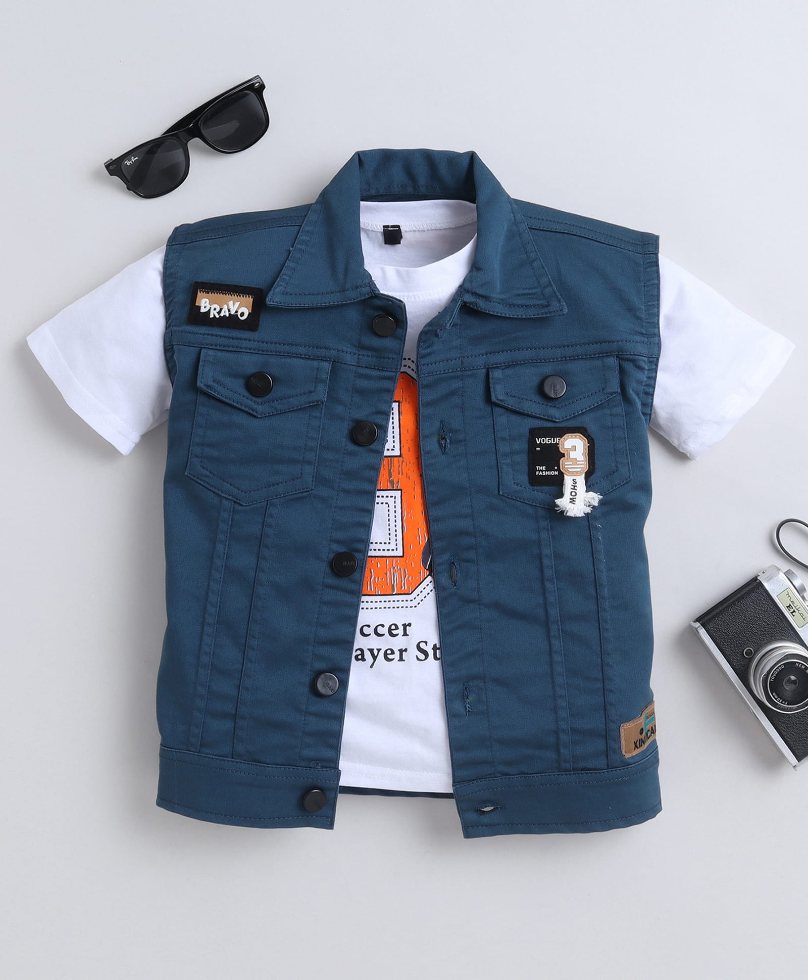 Ministitch Denim Woven Patch Detailed Jacket With Half Sleeves 8 Number Printed Tee - Teal Blue-picture-12