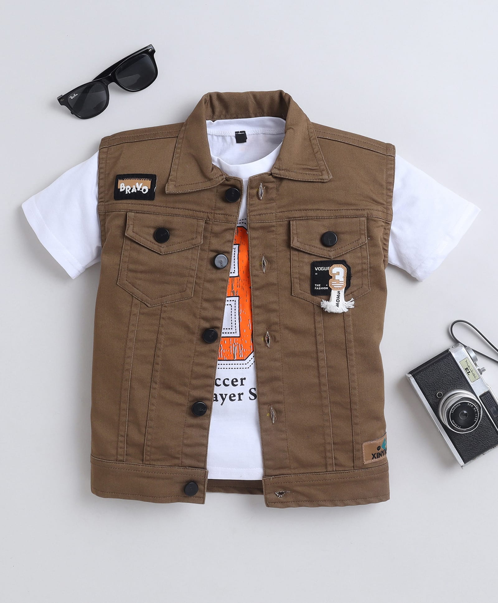 Ministitch Denim Woven Patch Detailed Jacket With Half Sleeves 8 Number Printed Tee - Brown-picture-15