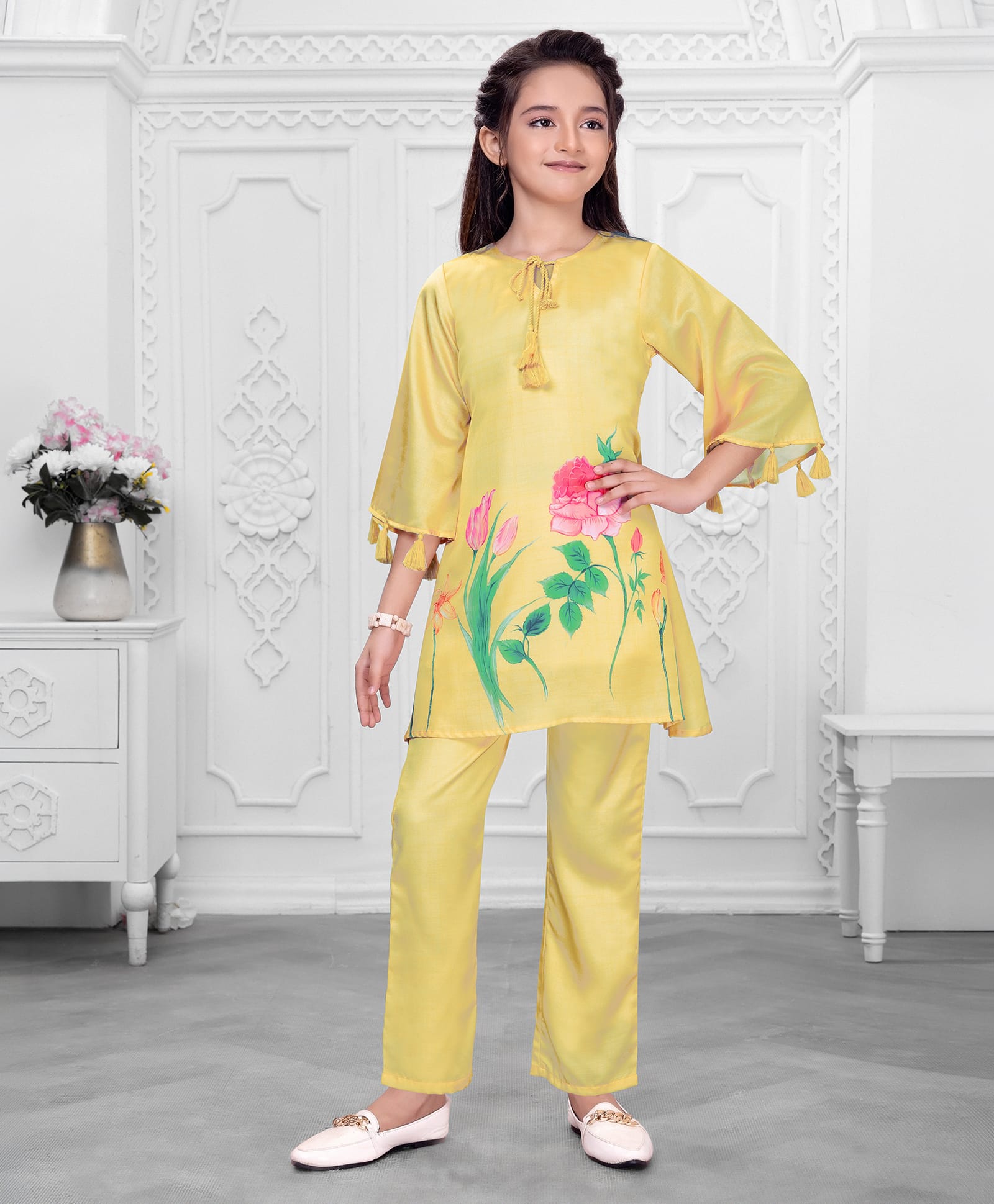 Ministitch Cotton Modal Woven Three Fourth Sleeves Floral Printed Kurti Palazzo Set - Yellow-image-47