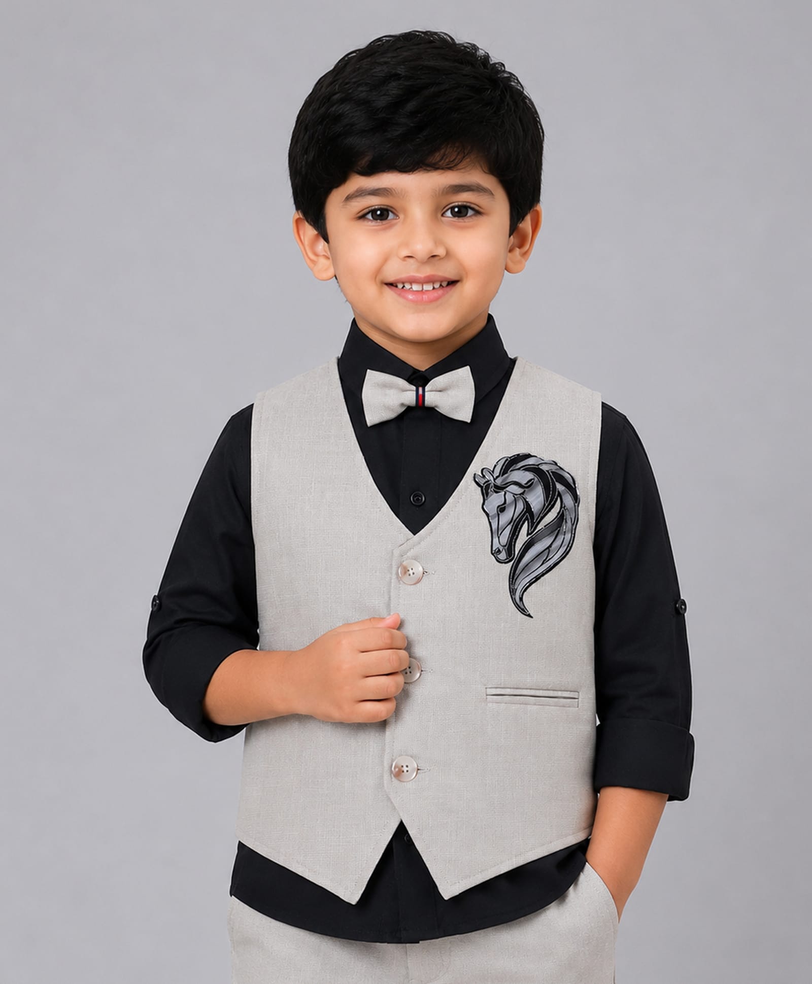 Ministitch Cotton Woven Studs Embellished Horse Applique Detailed Waistcoat & Full Sleeves Solid Shirt With Bow - Black-image-19