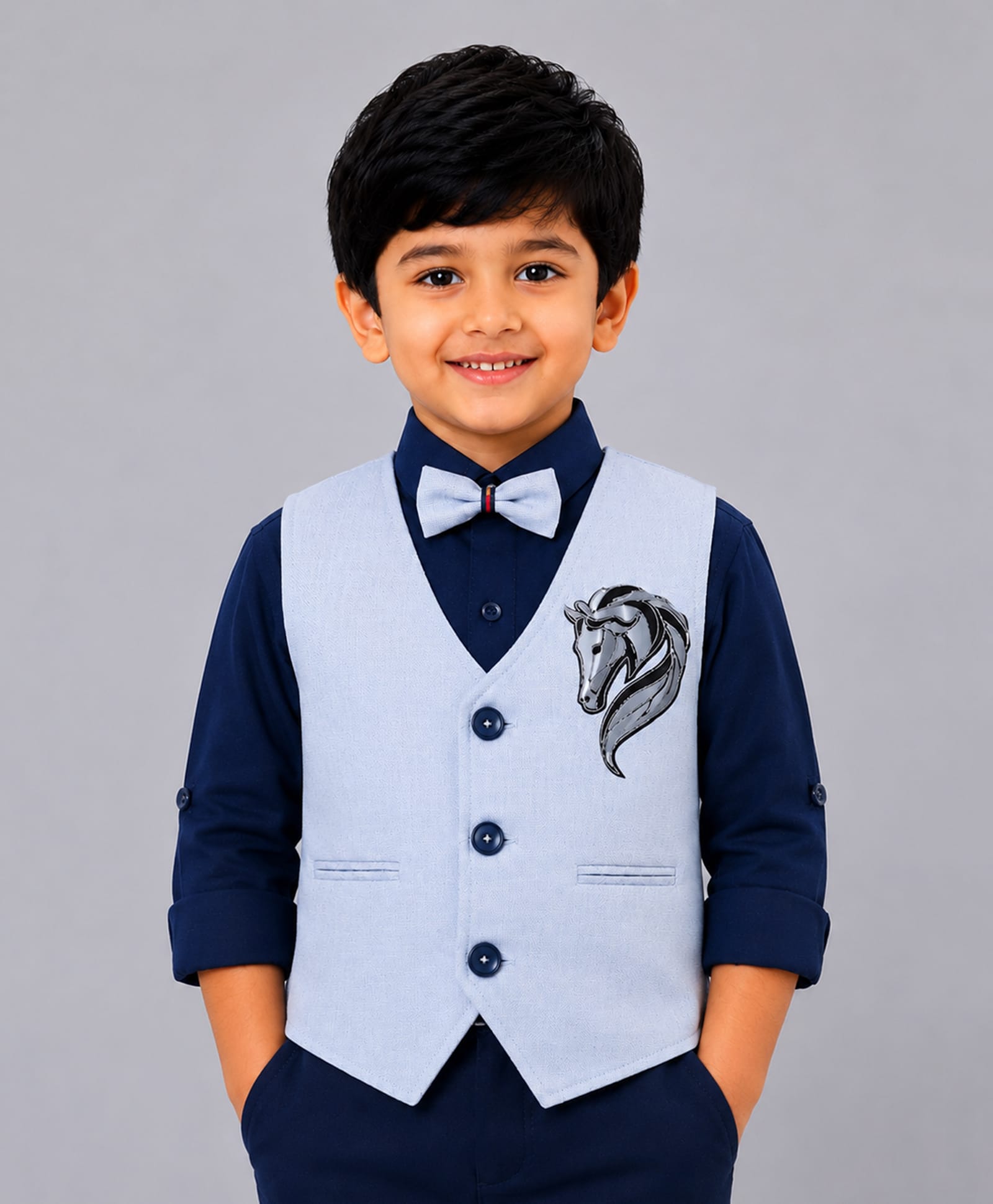 Ministitch Cotton Woven Studs Embellished Horse Applique Detailed Waistcoat & Full Sleeves Solid Shirt With Bow - Blue-image-18