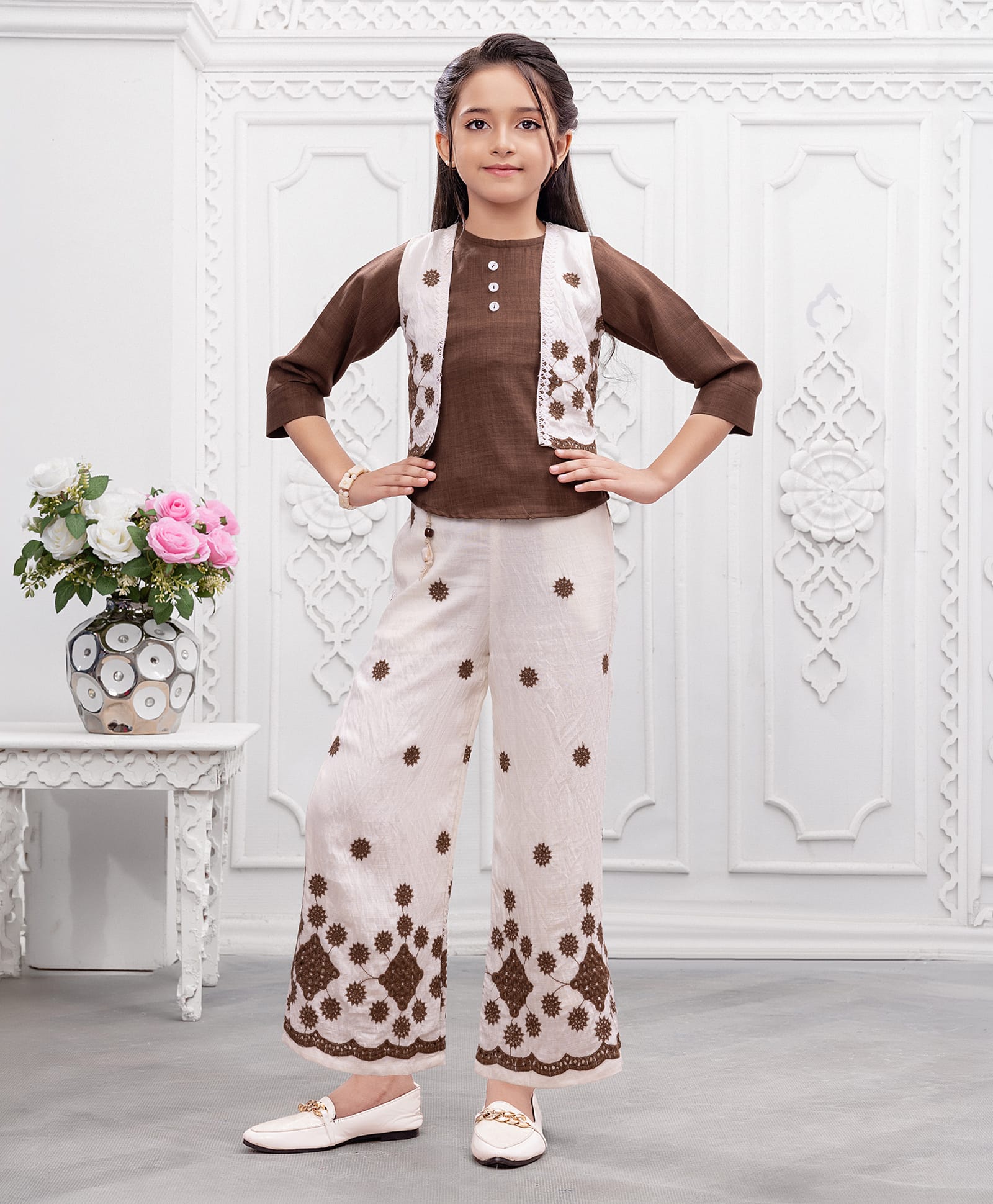 Ministitch Cotton Woven Three Fourth Sleeves Solid Top & Palazzo Set With Floral Embroidered Ethnic Jacket - Brown-image-45