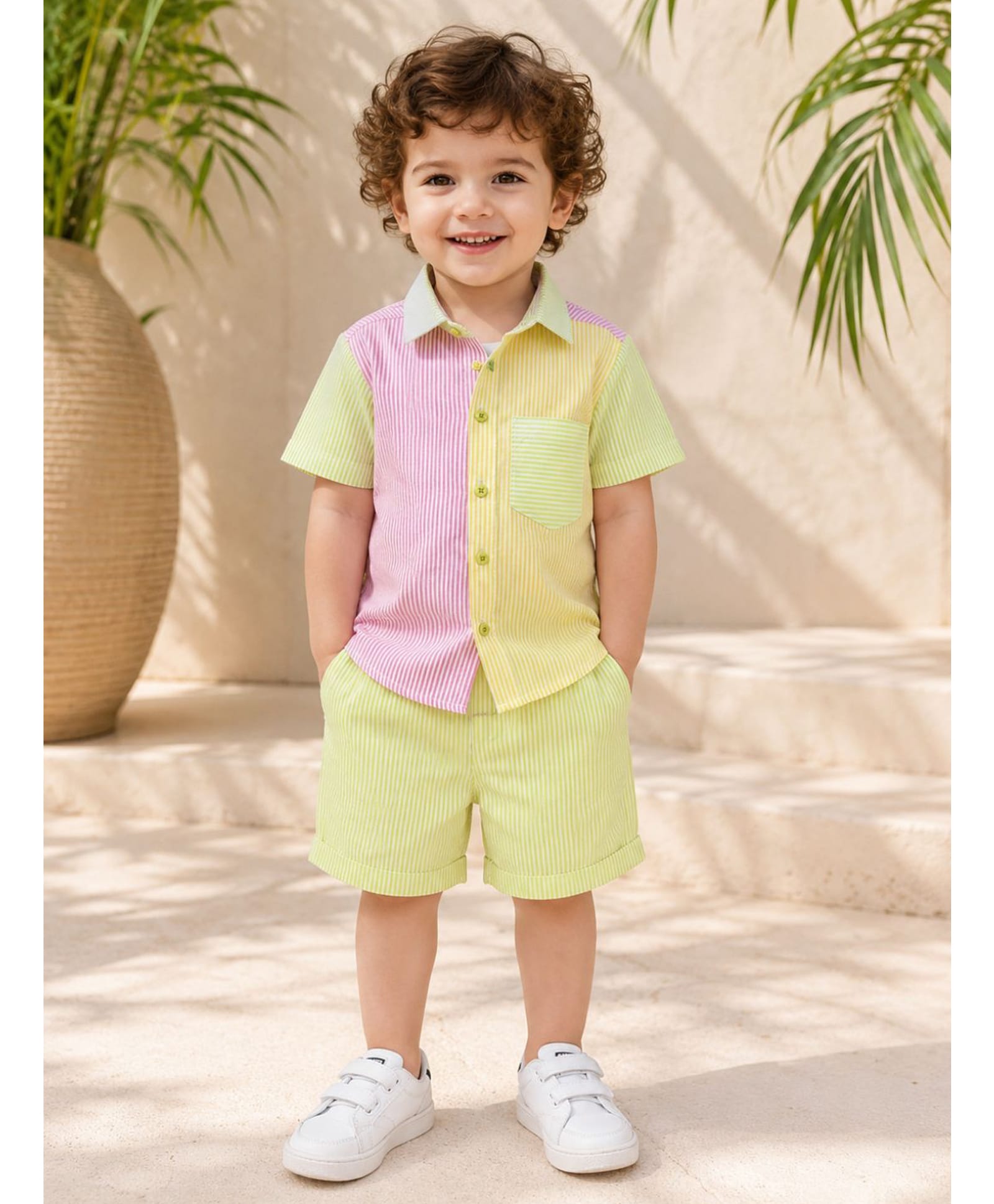 AJ Dezines Cotton Woven Half Sleeves Colour Blocked Striped Coordinating Shirt & Shorts Set - Multi Colour-picture-19