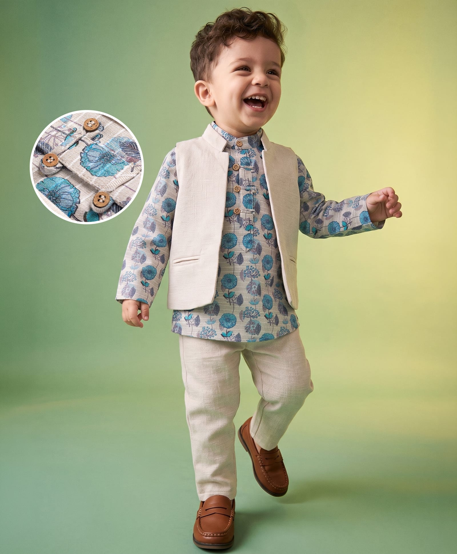 Babyhug Woven Full Sleeves Floral Printed Shirt with Solid Jacket and Trousers - Beige-image-8