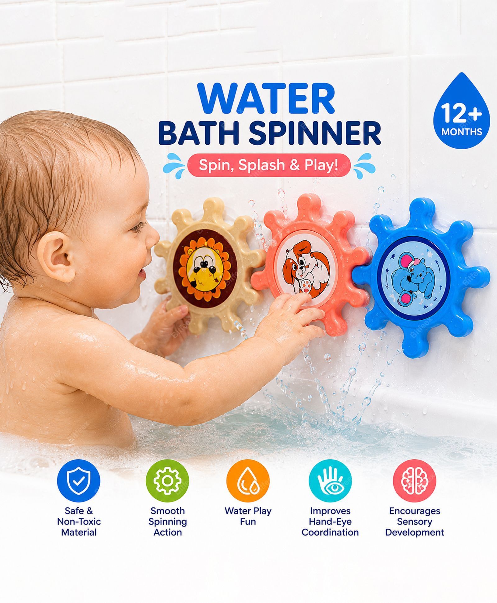 BitFeex Water Bath Spinner Gear Toy for Babies & Toddlers 3 Pcs Colorful Rotating Suction Cup Bath Toys for Sensory Play & Hand-Eye Coordination, 12 Months+-image-16