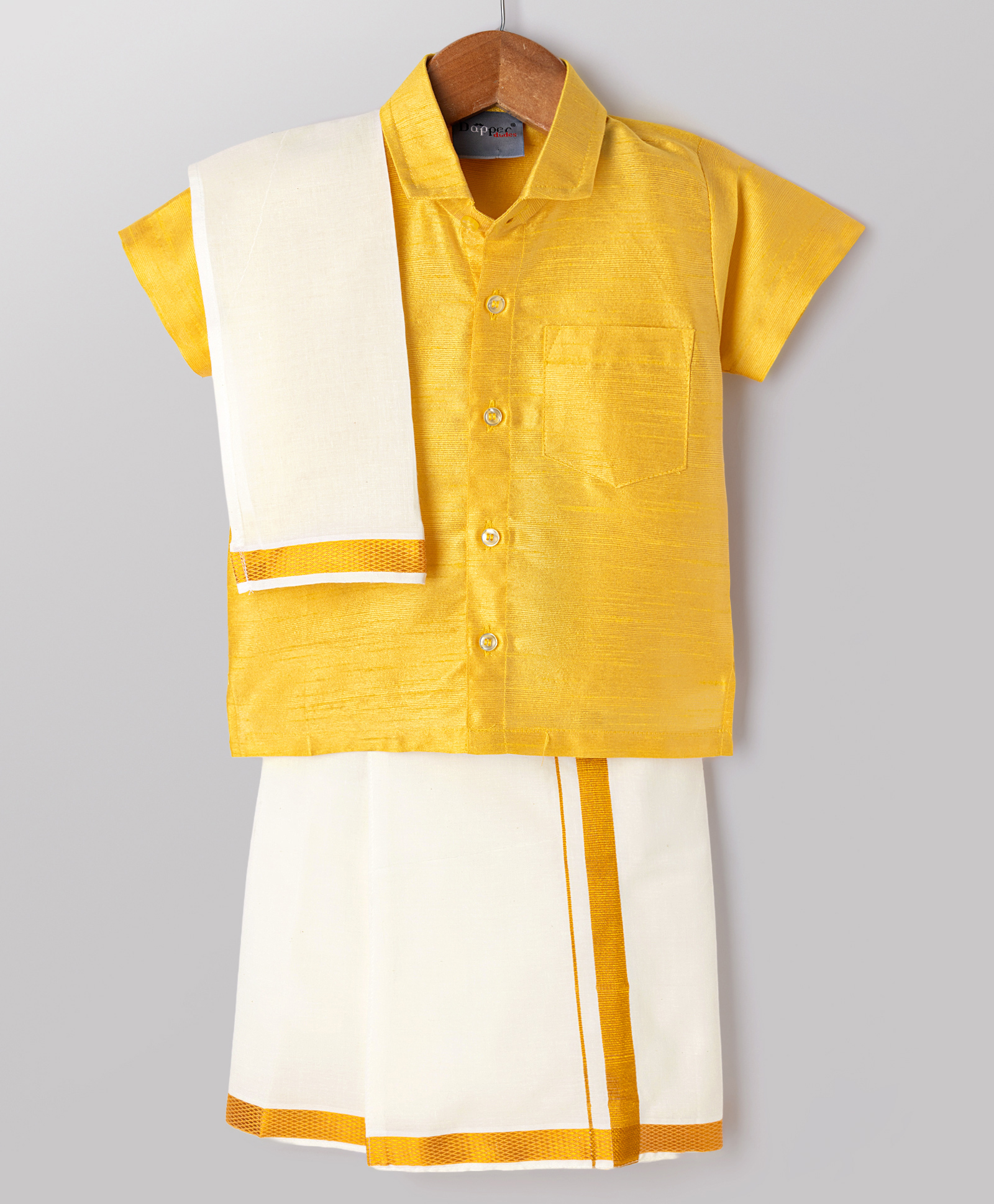 Dapper Dudes Cotton Silk Woven Half Sleeves Solid Shirt With Mundu And Angavastram-Yellow-image-27