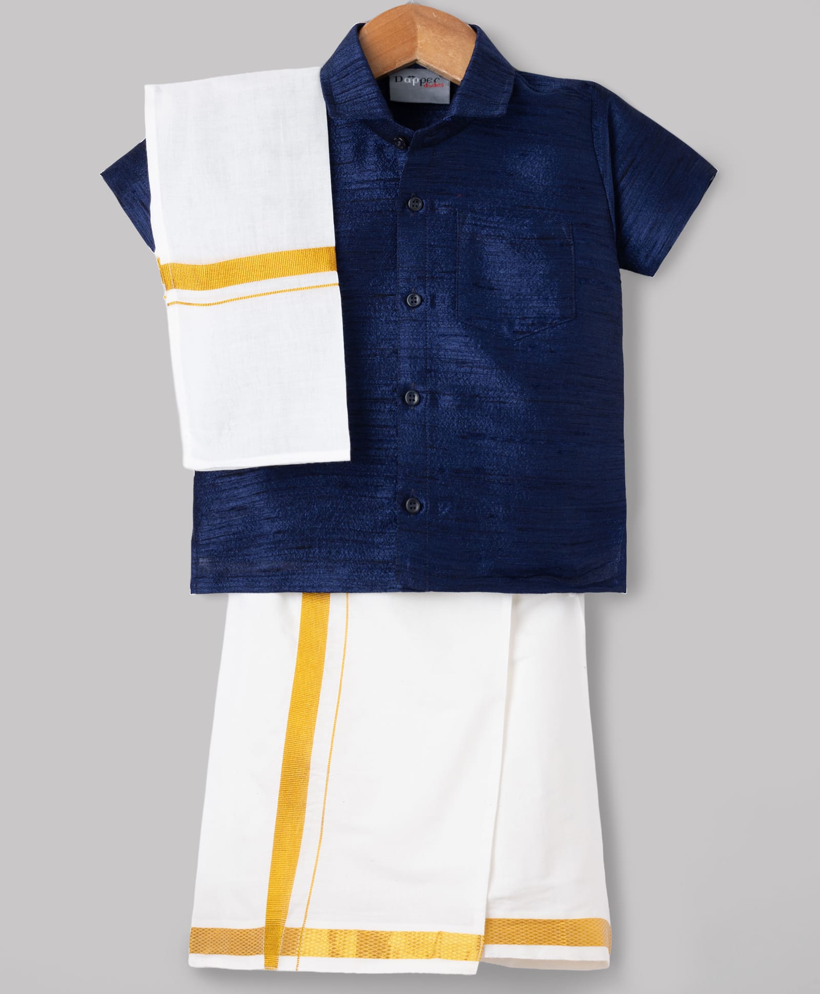 Dapper Dudes Cotton Silk Woven Half Sleeves Solid Shirt With Mundu And Angavastram-Navy-image-5