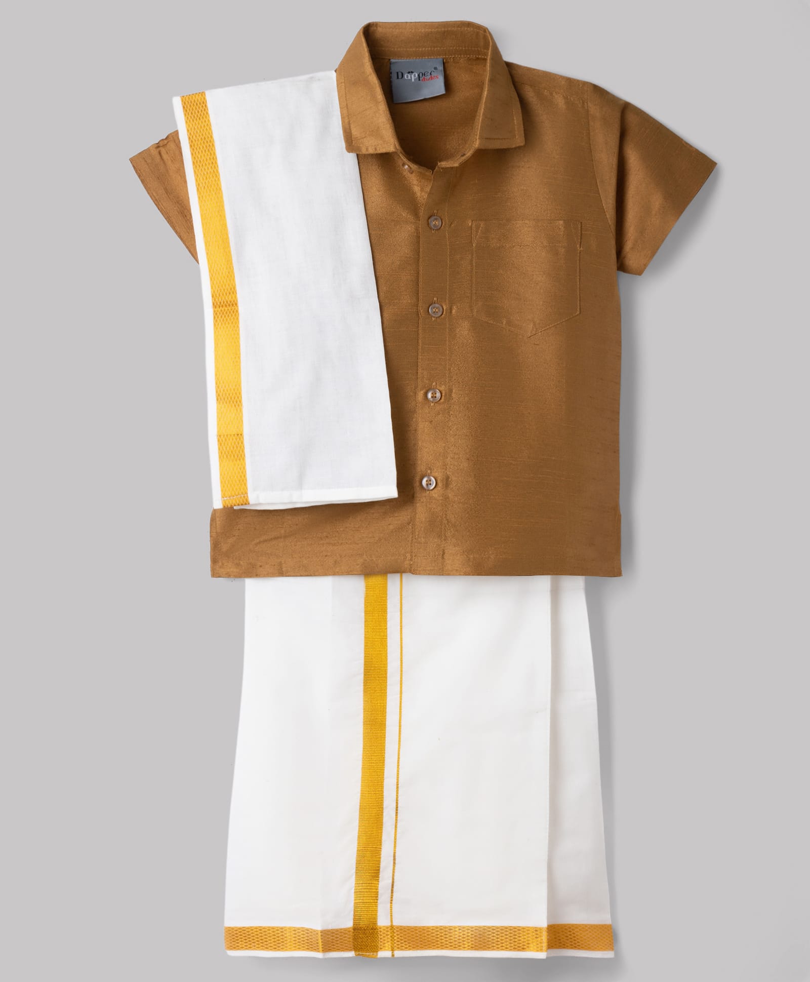 Dapper Dudes Cotton Silk Woven Half Sleeves Solid Shirt With Mundu And Angavastram-Brown-image-42