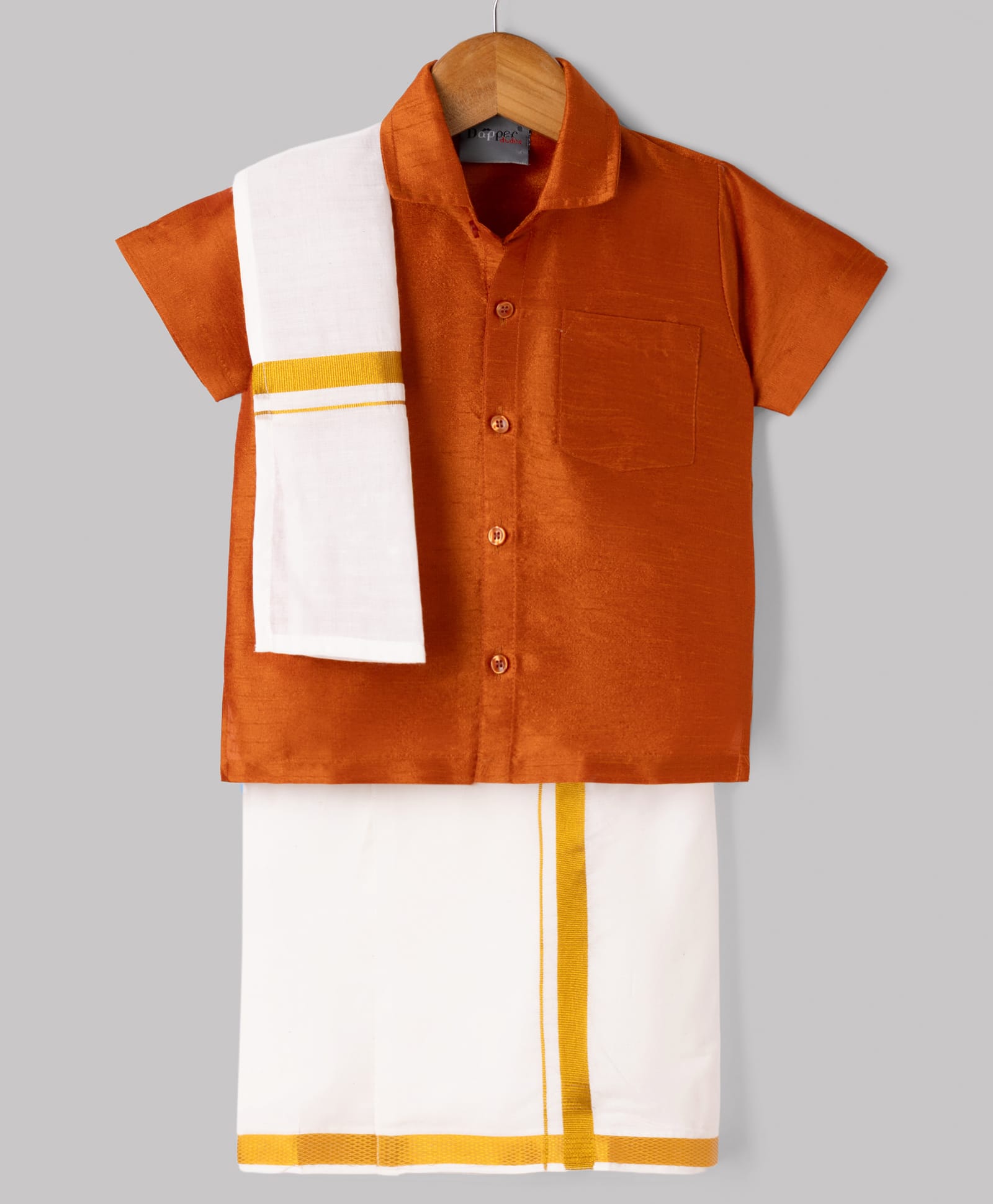 Dapper Dudes Cotton Silk Woven Half Sleeves Solid Shirt With Mundu And Angavastram-Orange-image-41