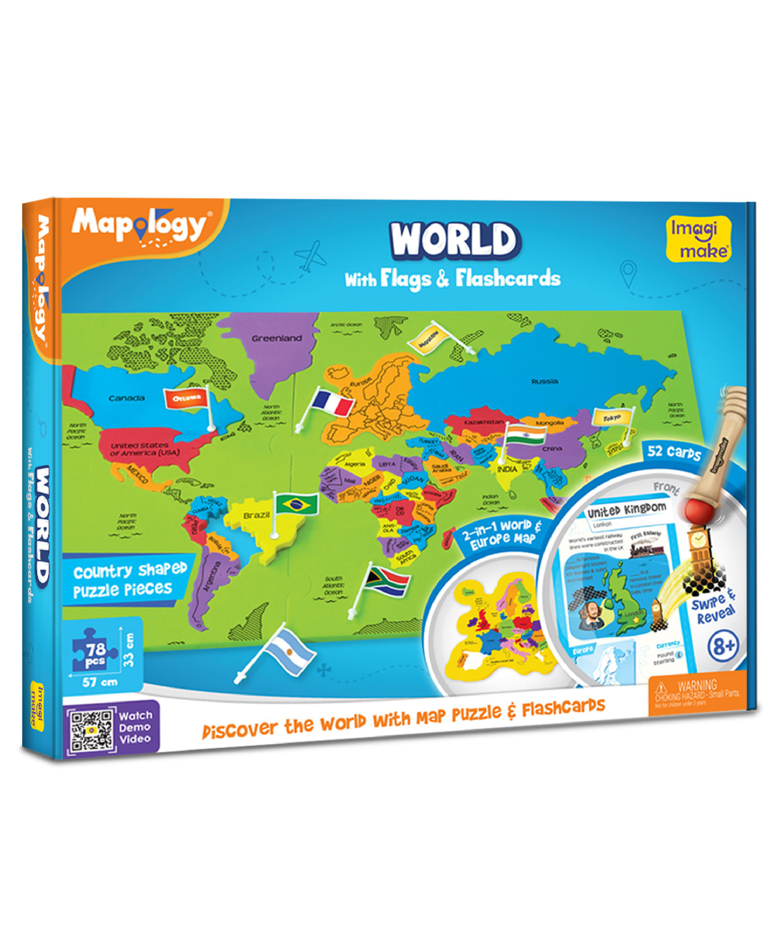 Imagimake Mapology World Map Puzzle Country Shaped Pieces with Flags & Geography Flashcards - Blue-image-4