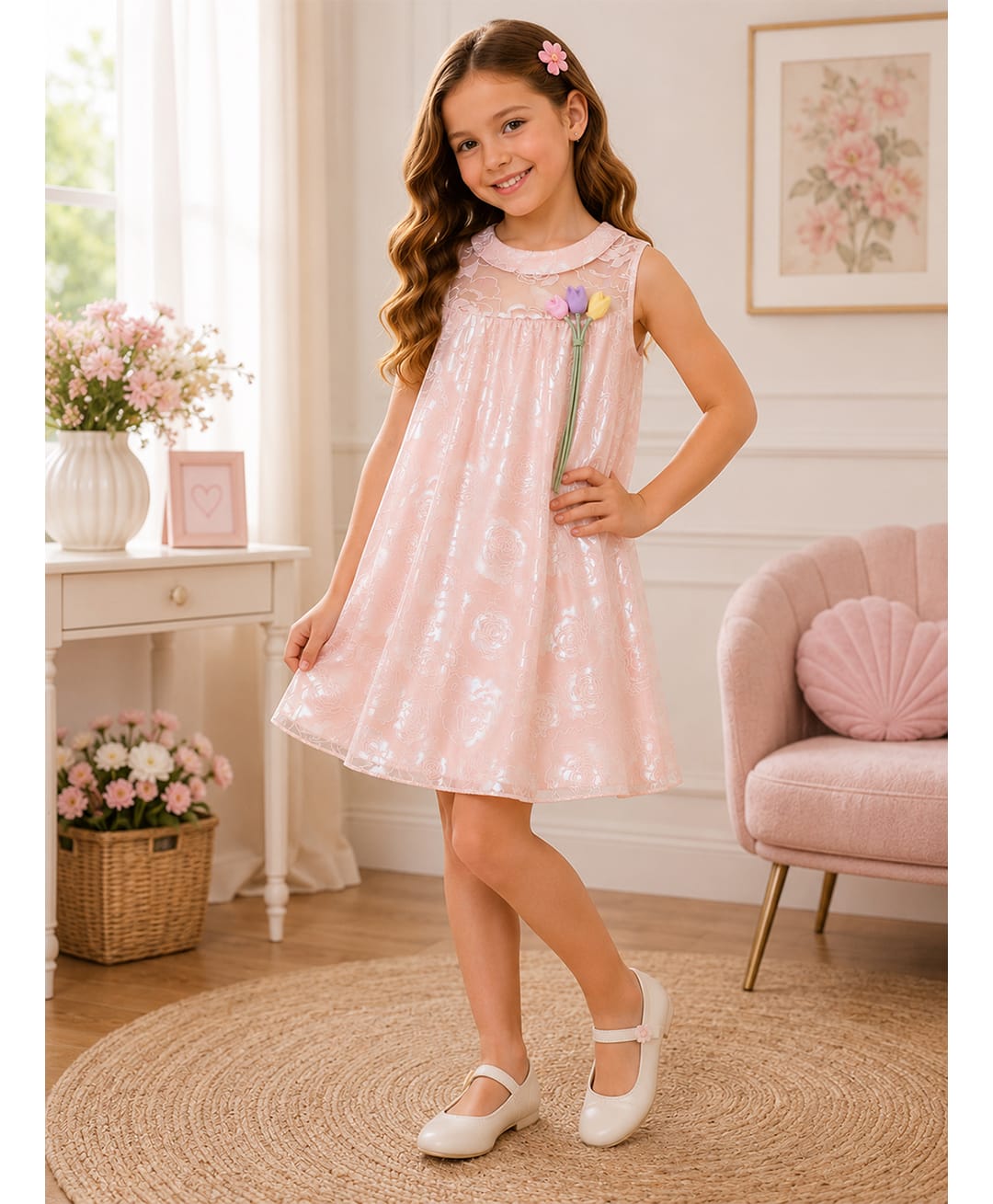 Cutecumber Georgette Woven Sleeveless Floral Applique Detailed & Embroidered Dress - Peach-image-25