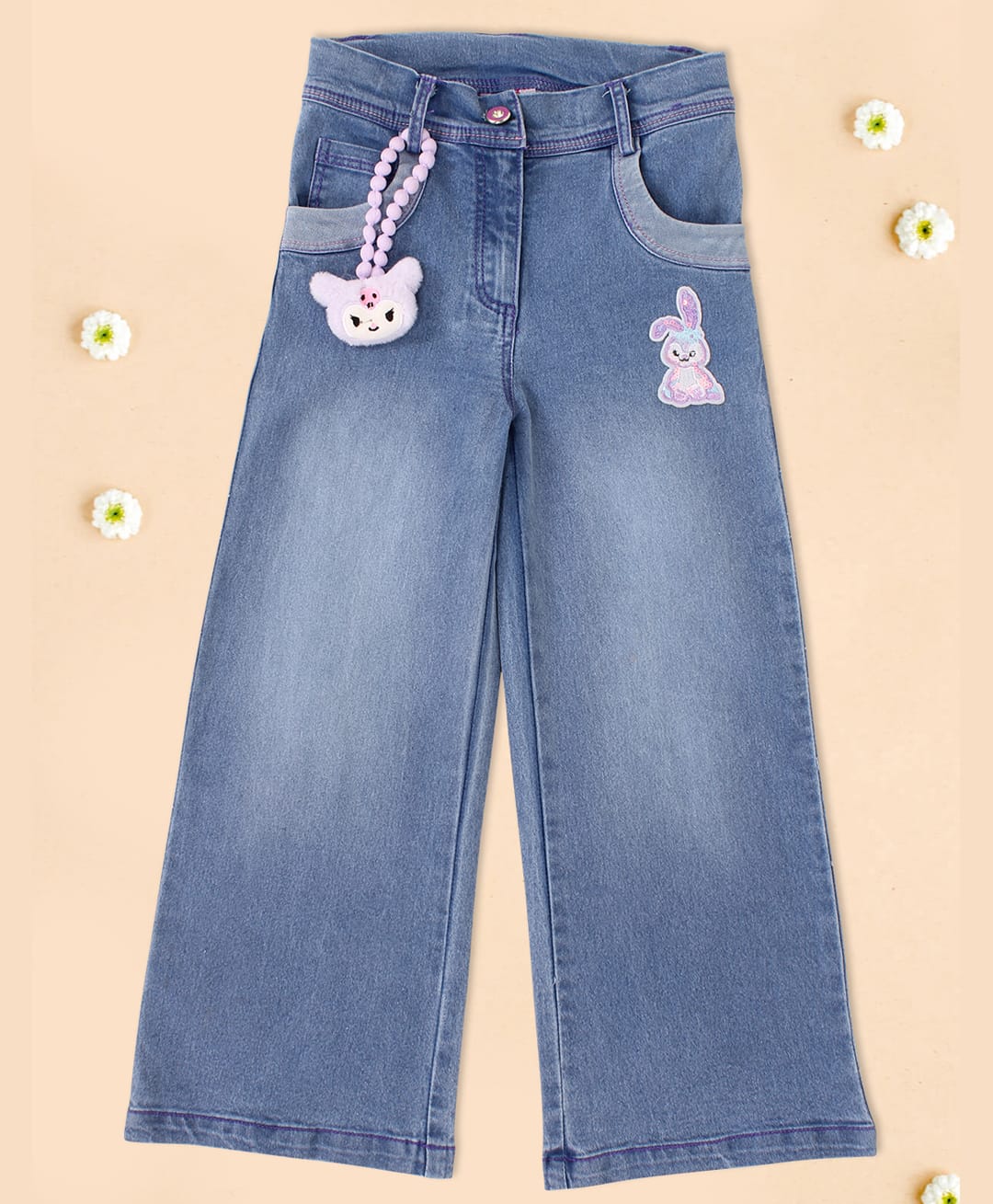 Cutecumber Denim Woven Bunny Patch Detailed Washed Jeans - Blue-image-7