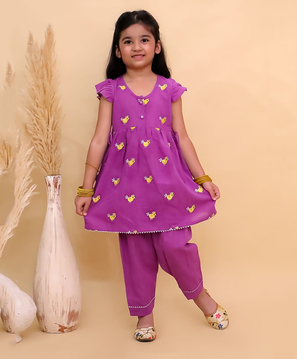 The Mom Store Cotton Woven Half Sleeves Birds Embroidered Gota Lace Embellished Kurti & Pants Set - Purple-picture-29