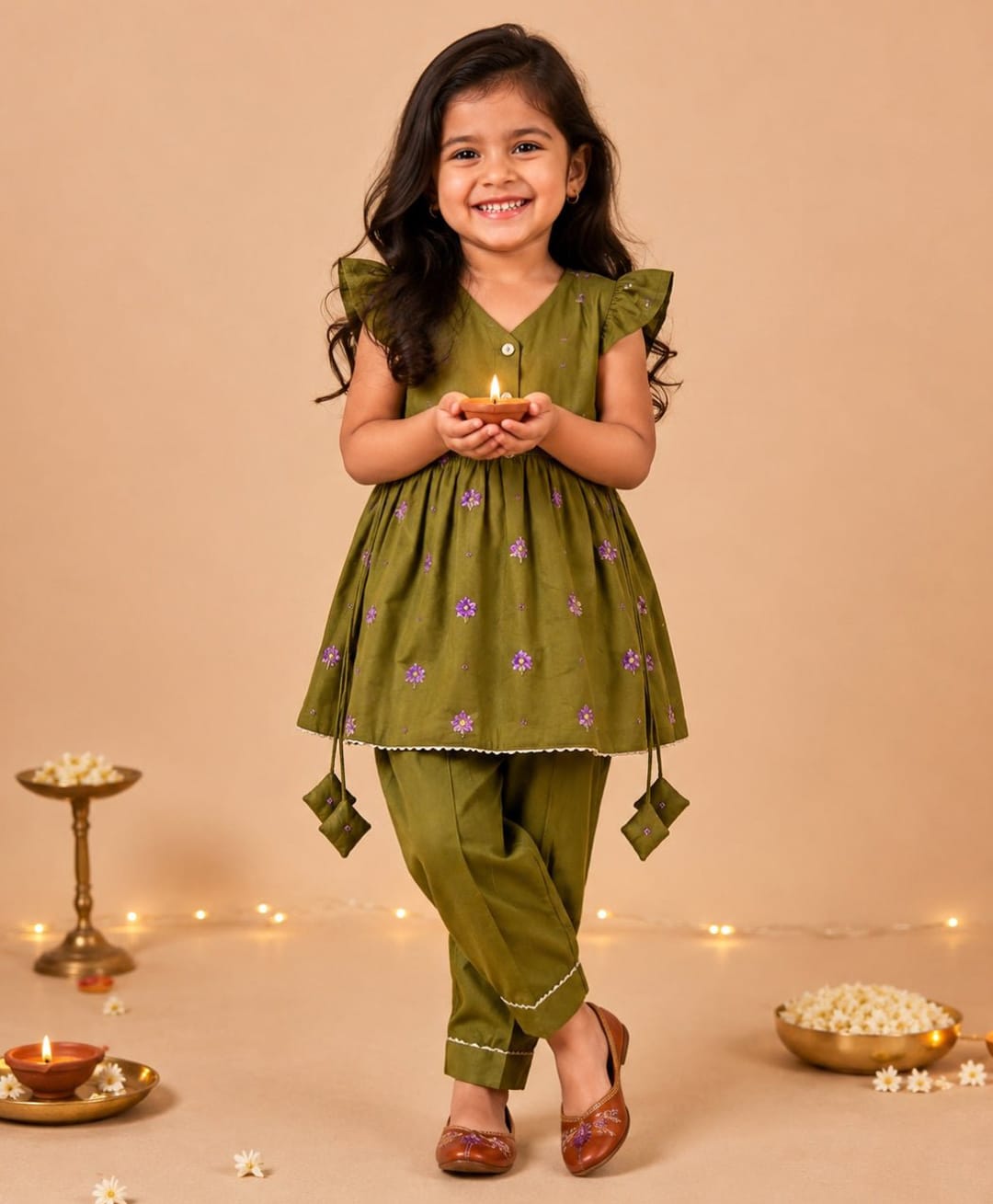 The Mom Store Cotton Woven Half Sleeves Floral Embroidered Gota Lace Embellished Tassels Detailed Kurti & Pants Set - Green-image-34