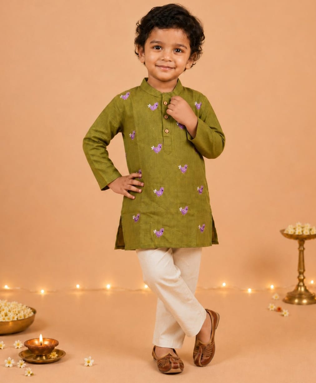 The Mom Store Cotton Woven Full Sleeves Bird Embroidered Kurta & Pyjama Set - Green-picture-32