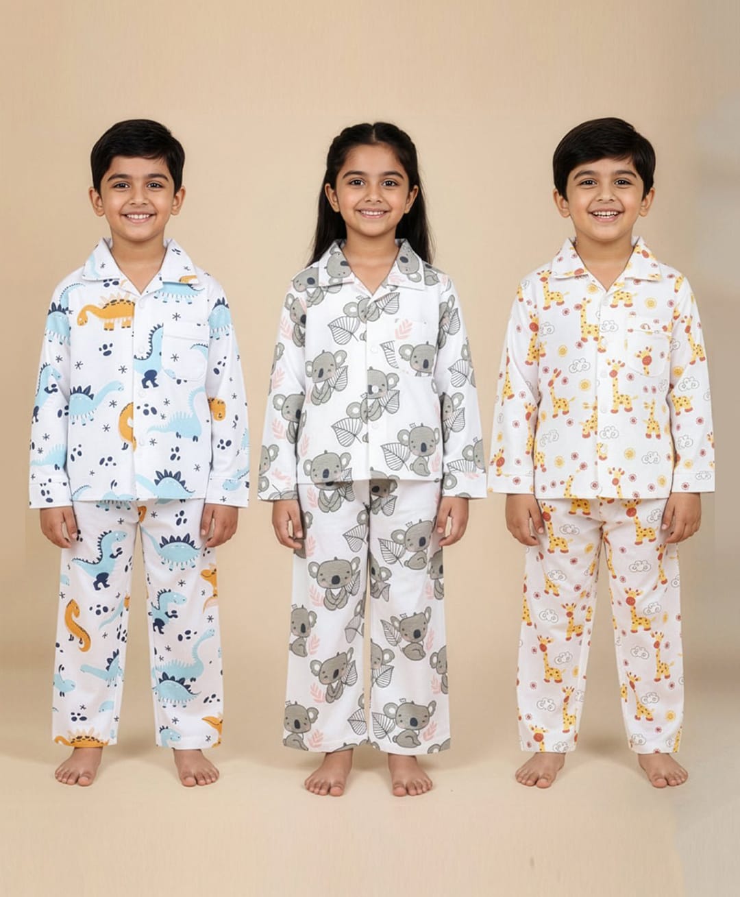 The Mom Store Cotton Knit Pack Of 3 Full Sleeves Animals Printed Coordinating Shirt & Pajama Night Suit - Multi Colour-picture-40
