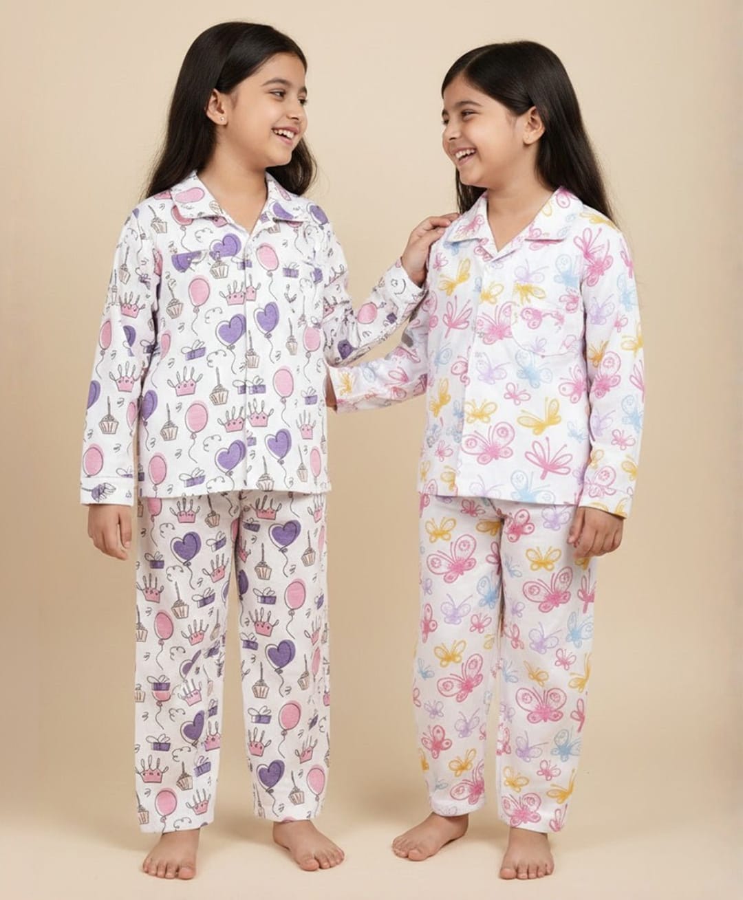 The Mom Store Cotton Knit Pack Of 2 Full Sleeves Butterflies & Crown Printed Coordinating Shirt & Pajama Night Suit - Multi Colour-picture-41