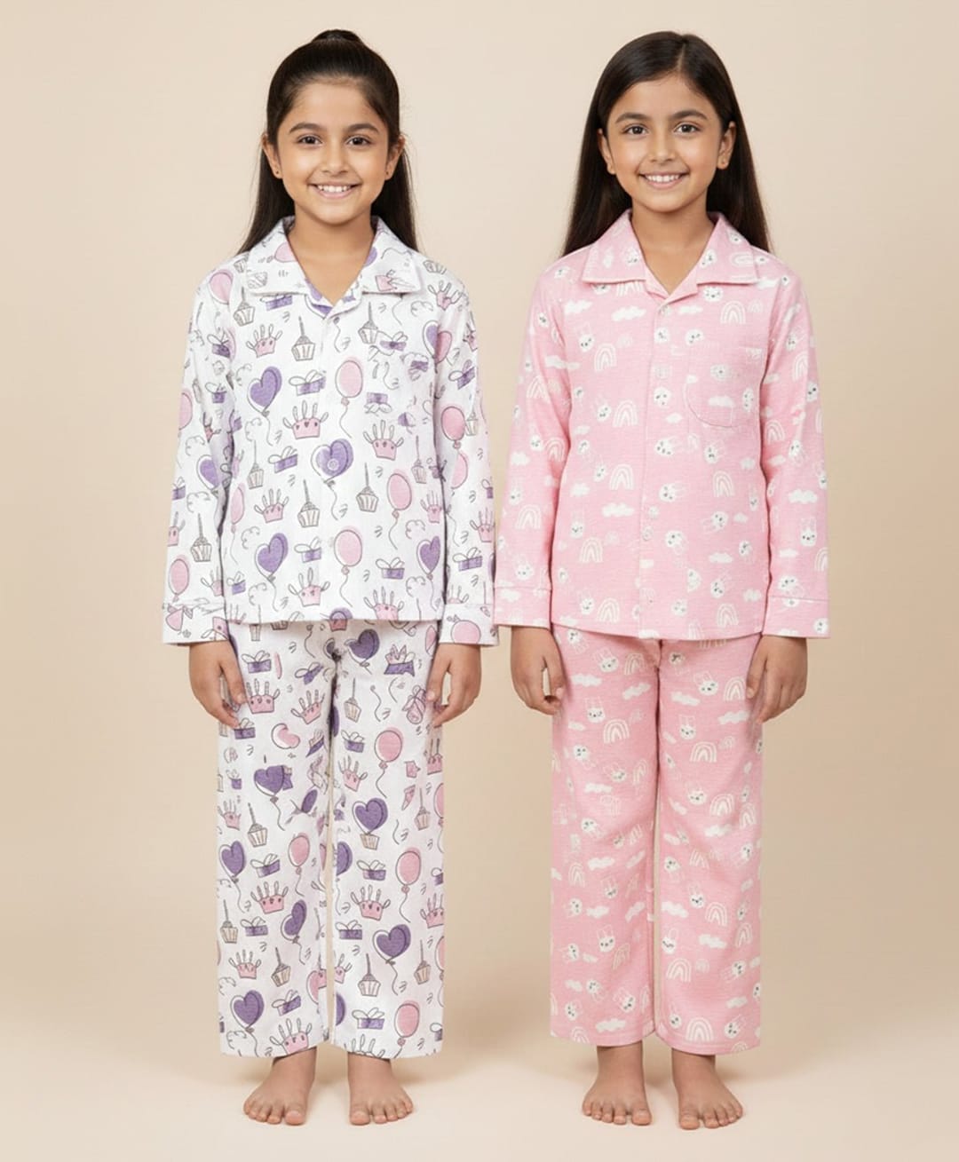 The Mom Store Cotton Knit Pack Of 2 Full Sleeves Crown & Bunny Printed Coordinating Shirt & Pajama Night Suit - Multi Colour-picture-28