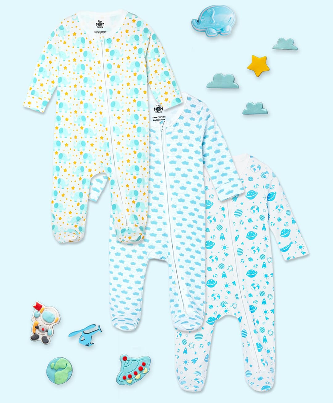 The Mom Store Cotton Knit Pack Of 3 Full Sleeves Animals & Space Theme Printed Footed Rompers - Multi Colour-image-6