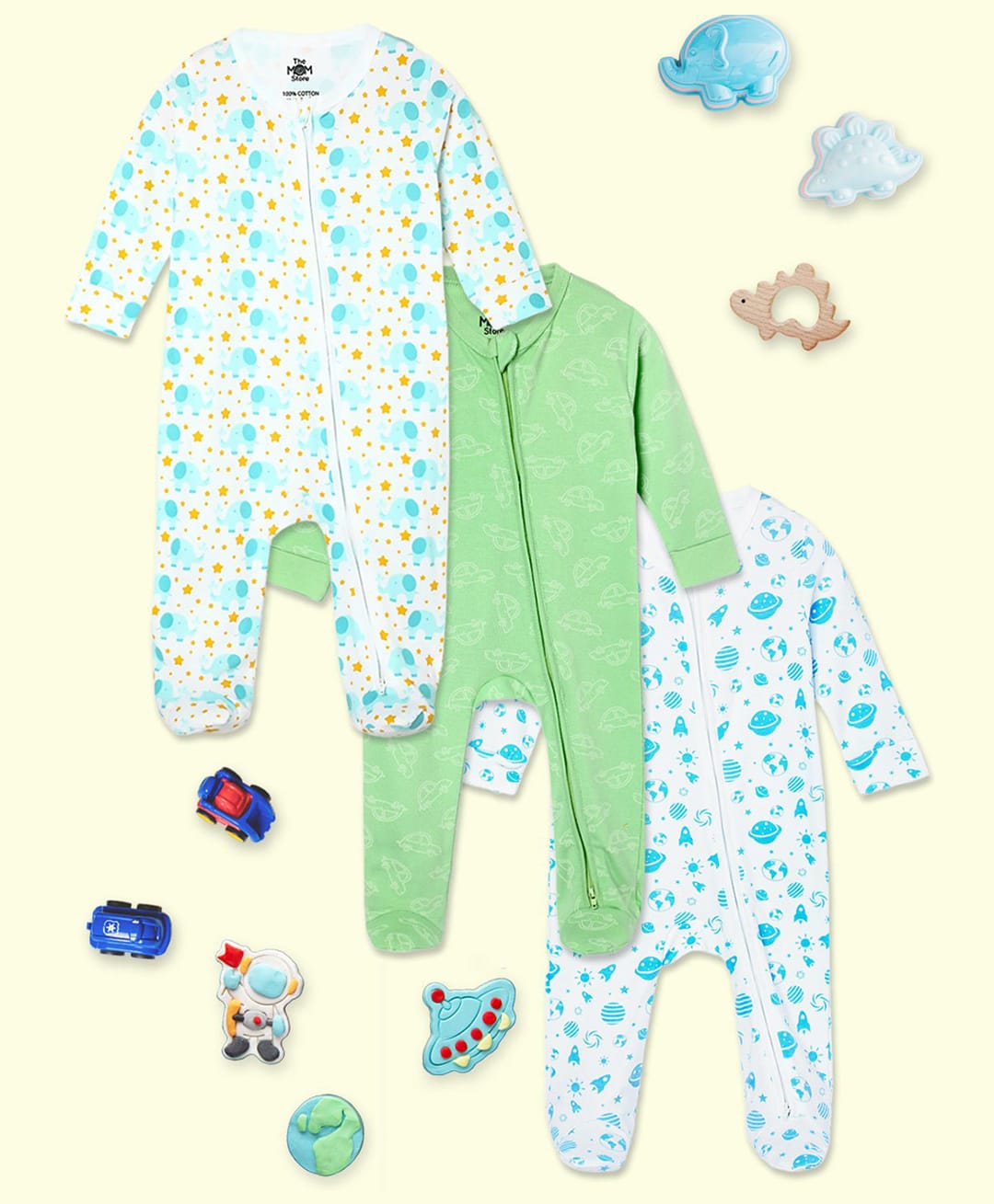 The Mom Store Cotton Knit Pack Of 3 Full Sleeves Animals & Space Theme Printed Footed Rompers - Multi Colour-image-45