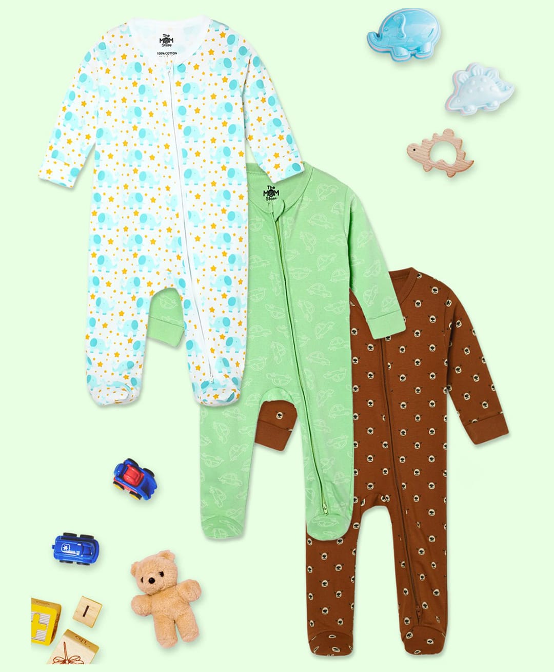 The Mom Store Cotton Knit Pack Of 3 Full Sleeves Animals & Vehicles Printed Footed Rompers - Multi Colour-image-42