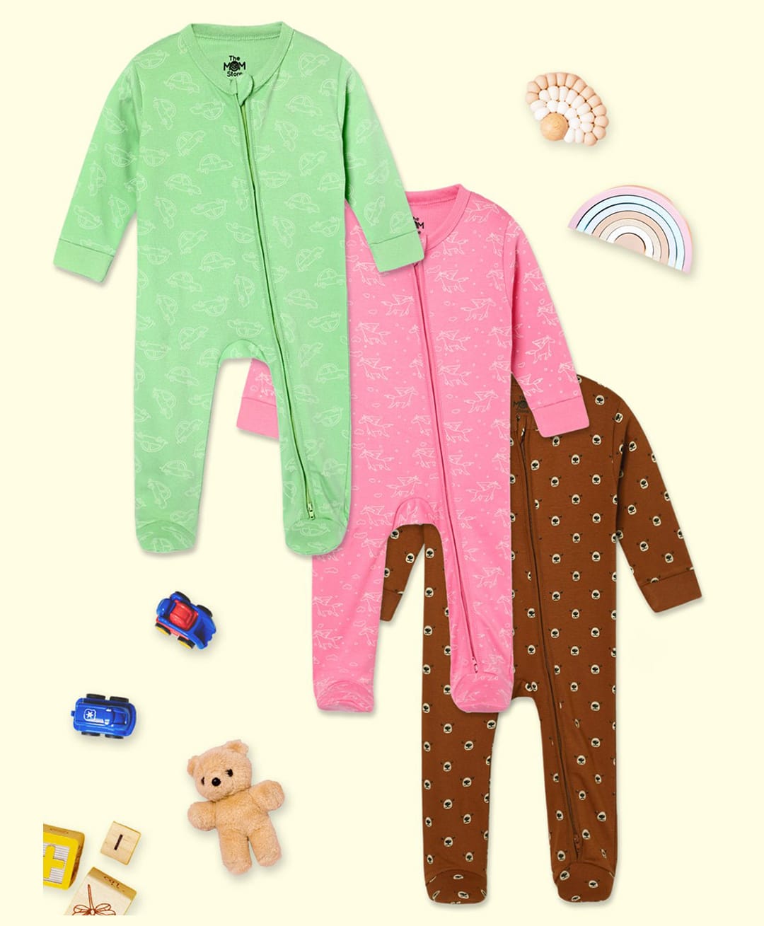 The Mom Store Cotton Knit Pack Of 3 Full Sleeves Unicorn & Vehicles Printed Footed Rompers - Multi Colour-image-43