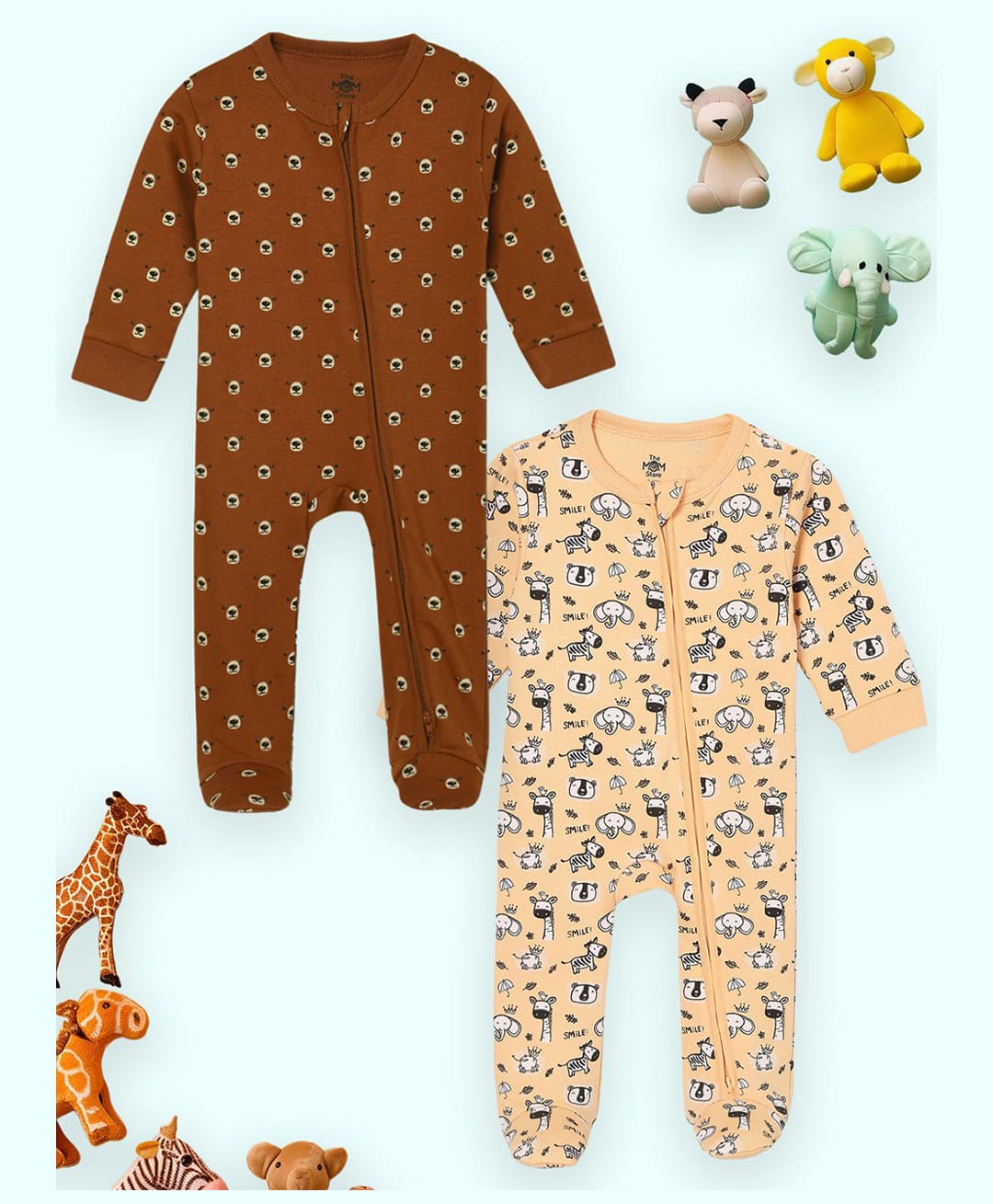 The Mom Store Cotton Knit Pack Of 2 Full Sleeves Animals Printed Footed Rompers - Multi Colour-image-5