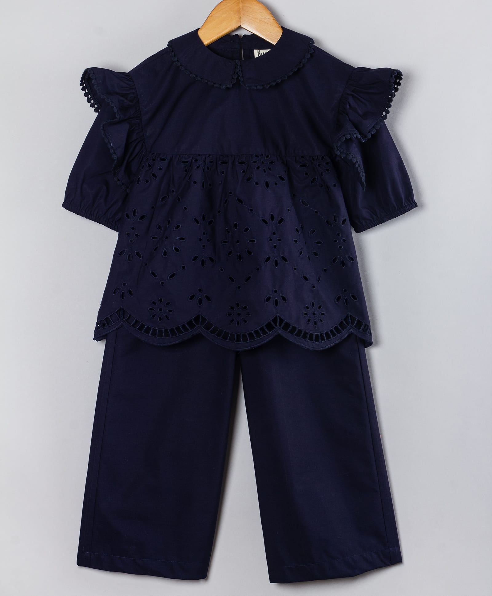 Hugsntugs Cotton Woven Half Sleeves Lace Embellished Floral Design Schiffli Embroidered Coordinating Top & Pants Set -Navy Blue-picture-12