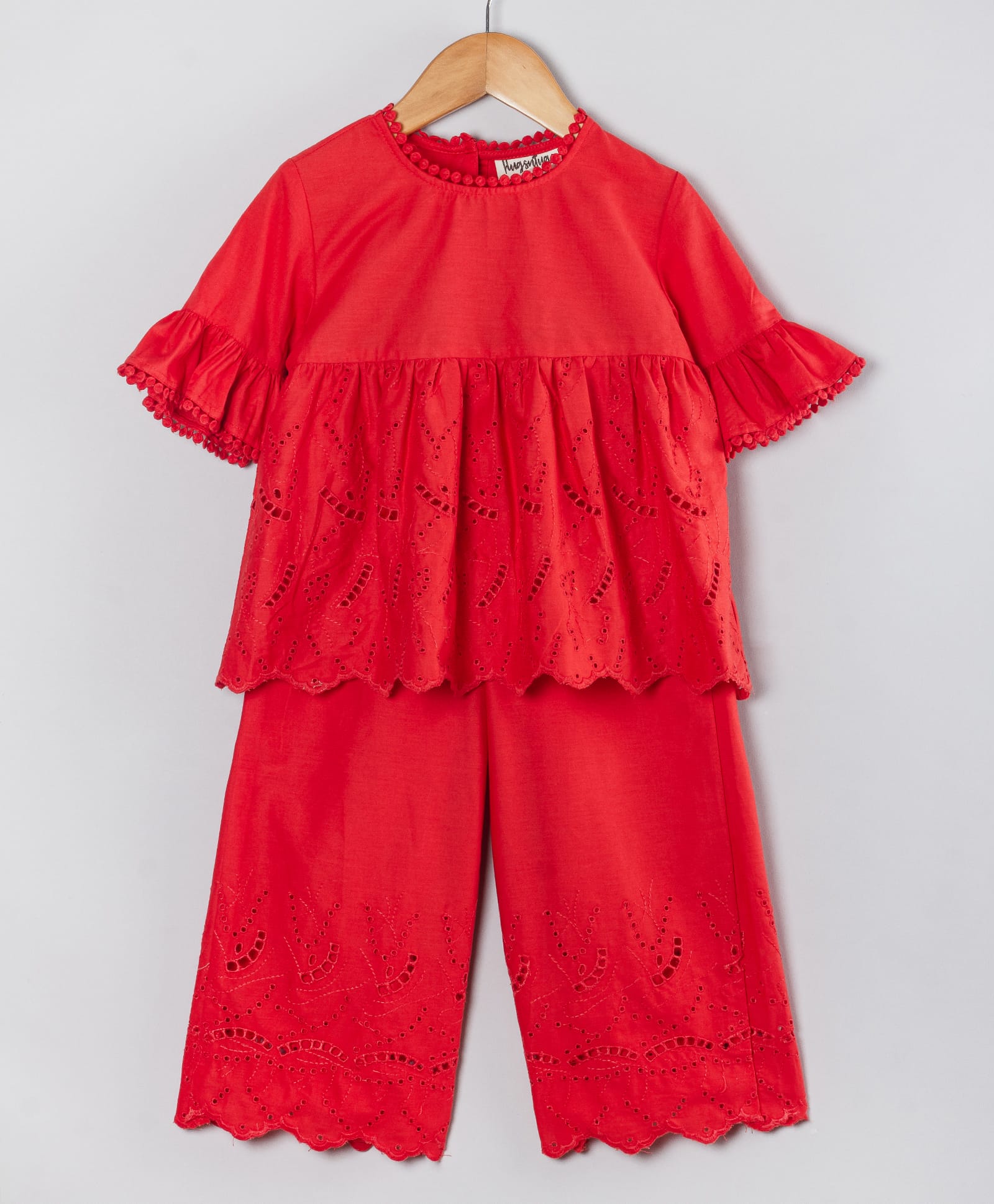Hugsntugs Cotton Woven Half Peasant Sleeves Abstract Design Schiffli Embroidered Coordinating Top & Pants Set - Red-picture-25