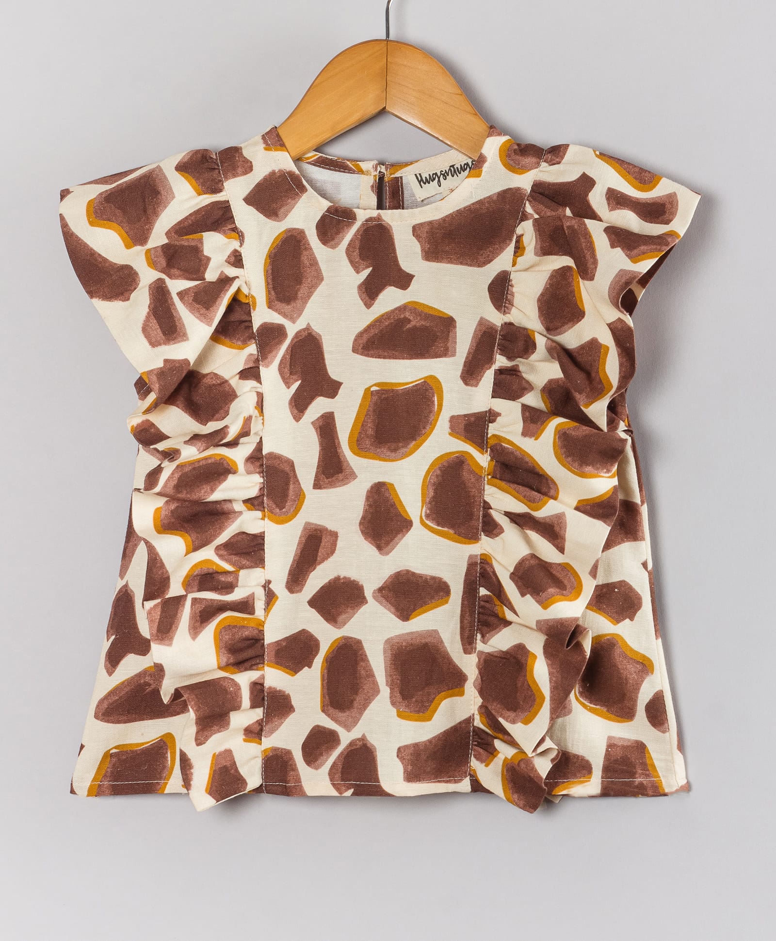 Hugsntugs Cotton Woven Sleeveless Frill Detailed & Giraffe Pattern Printed Top - Brown-picture-13