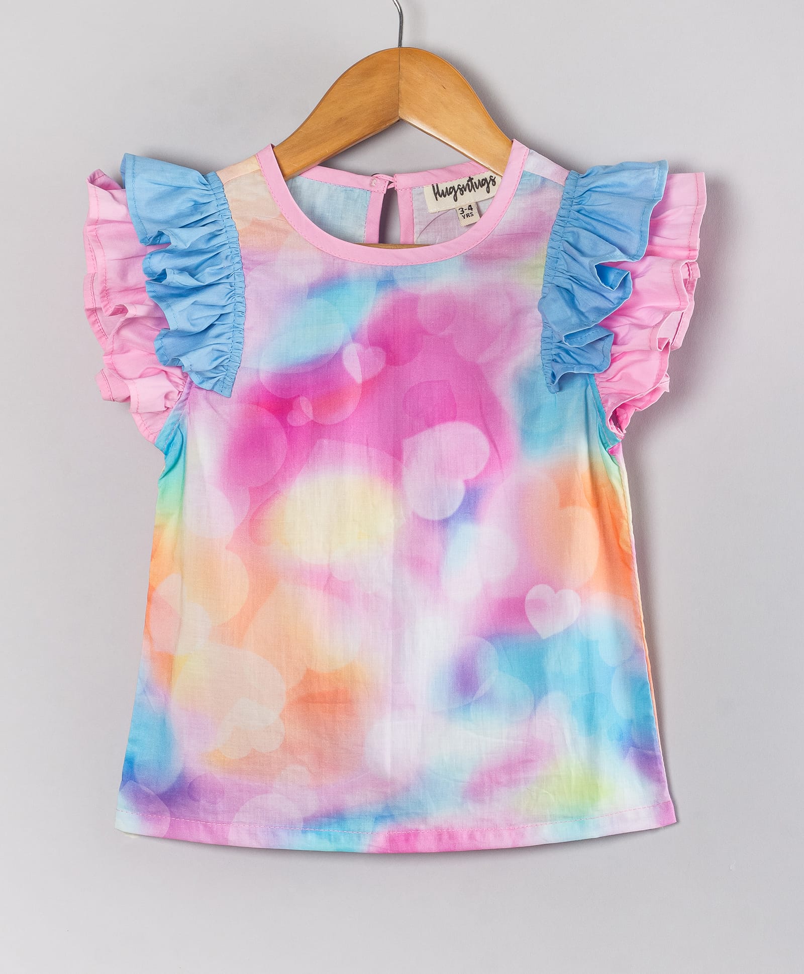 Hugsntugs Cotton Woven Cap Sleeves Layered Frill Detailed Tie Dye & Hearts Printed Top - Multi Colour-picture-27