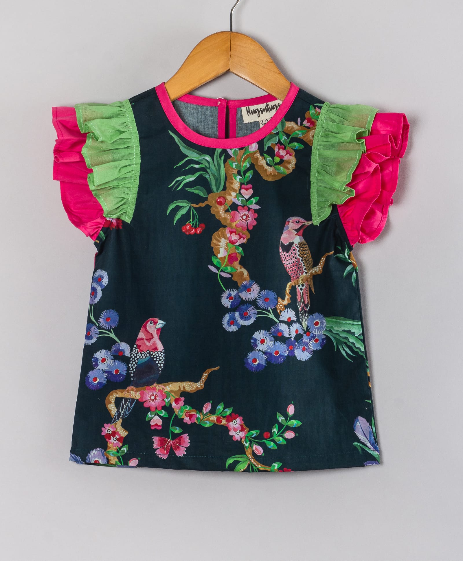 Hugsntugs Cotton Woven Cap Sleeves Layered Frill Detailed Tropical Theme Birds Printed Top - Black-picture-19