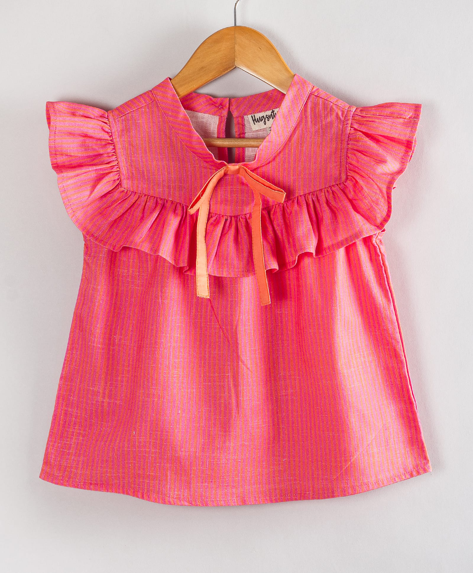 Hugsntugs Cotton Woven Sleeveless Frill Shimmer & Bow Applique Detailed Top - Pink-image-30
