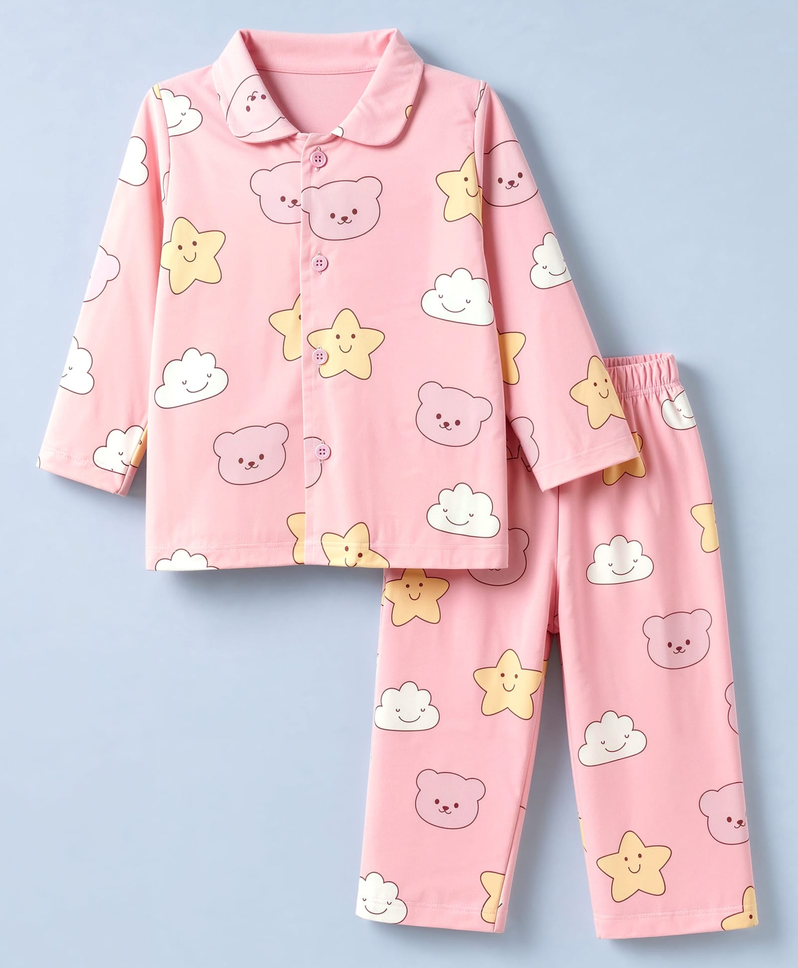 Doodle Poodle 100% Cotton Single Jersey Knit Full Sleeves Co-Ords Shirt & Pyjama Night Suit with Bear & Star Print - Pink-image-8