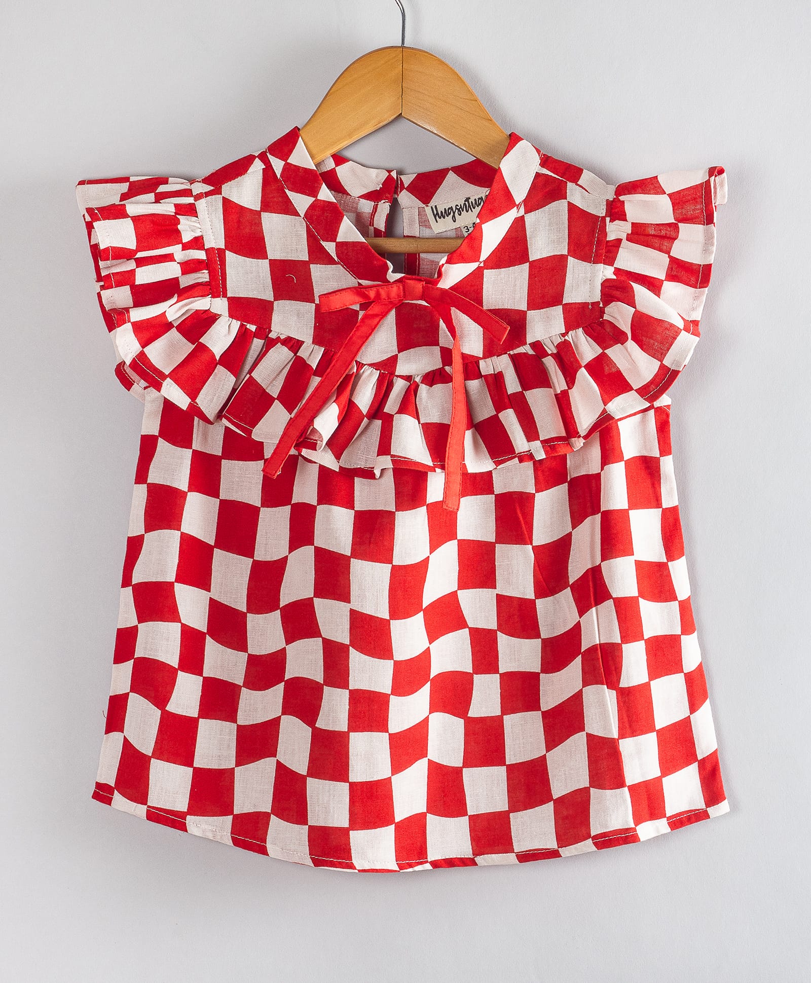 Hugsntugs Cotton Woven Frill Sleeves Checked & Bow Applique Detailed Top - Red-image-3