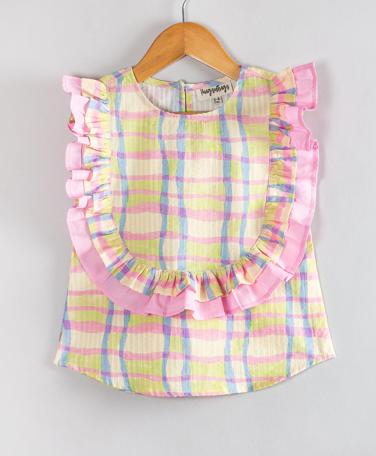 Hugsntugs Cotton Woven Sleeveless Checked & Frill Detailed Top - Pink-picture-16