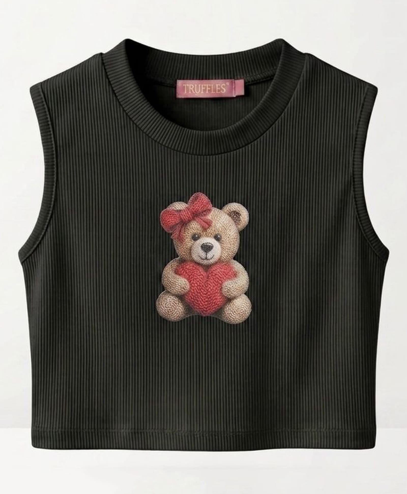 TRUFFLES Cotton Knit Sleeveless Bear Printed Crop Top - Black-picture-18