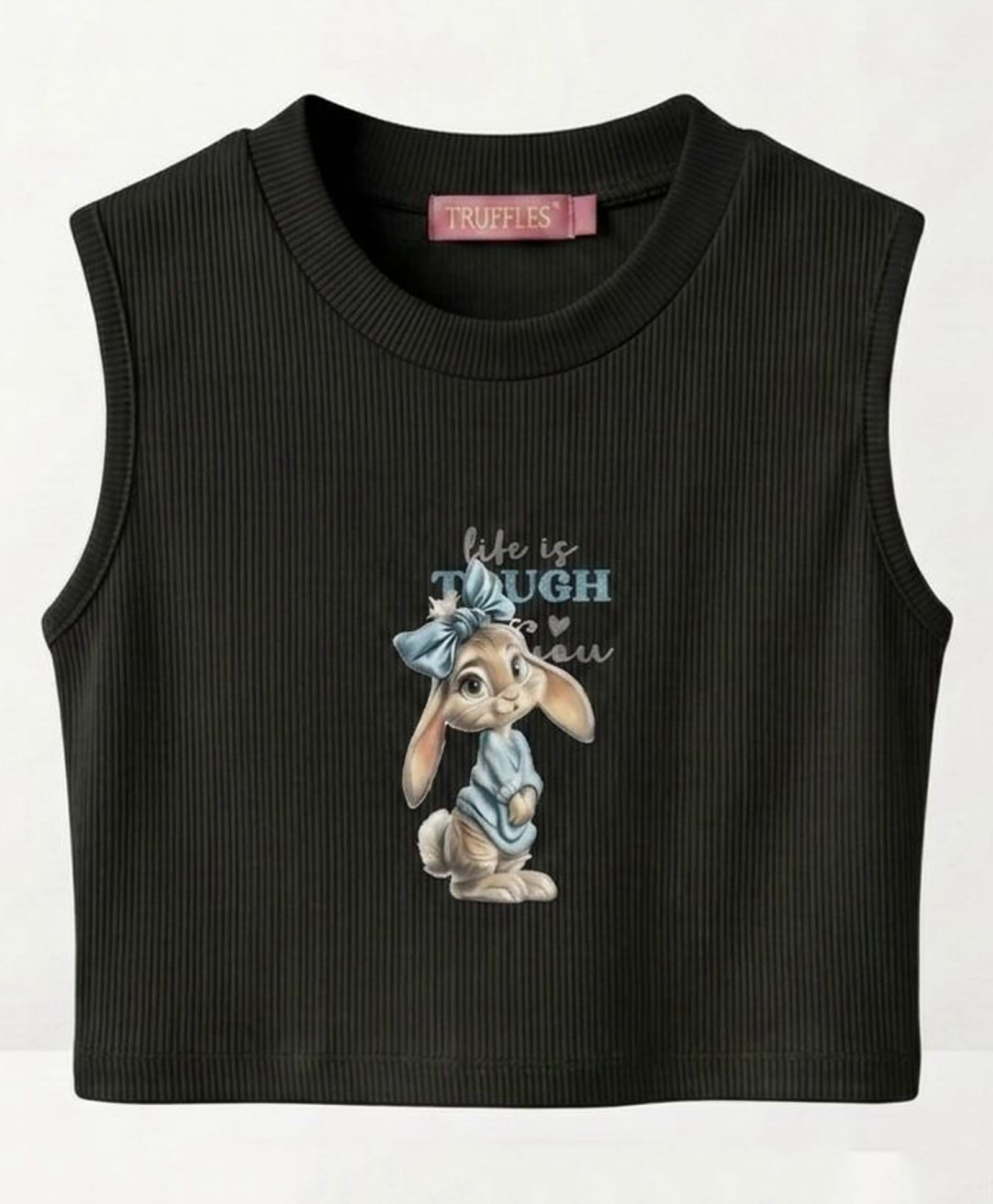 TRUFFLES Cotton Knit Sleeveless Bunny Printed Crop Top - Black-picture-18
