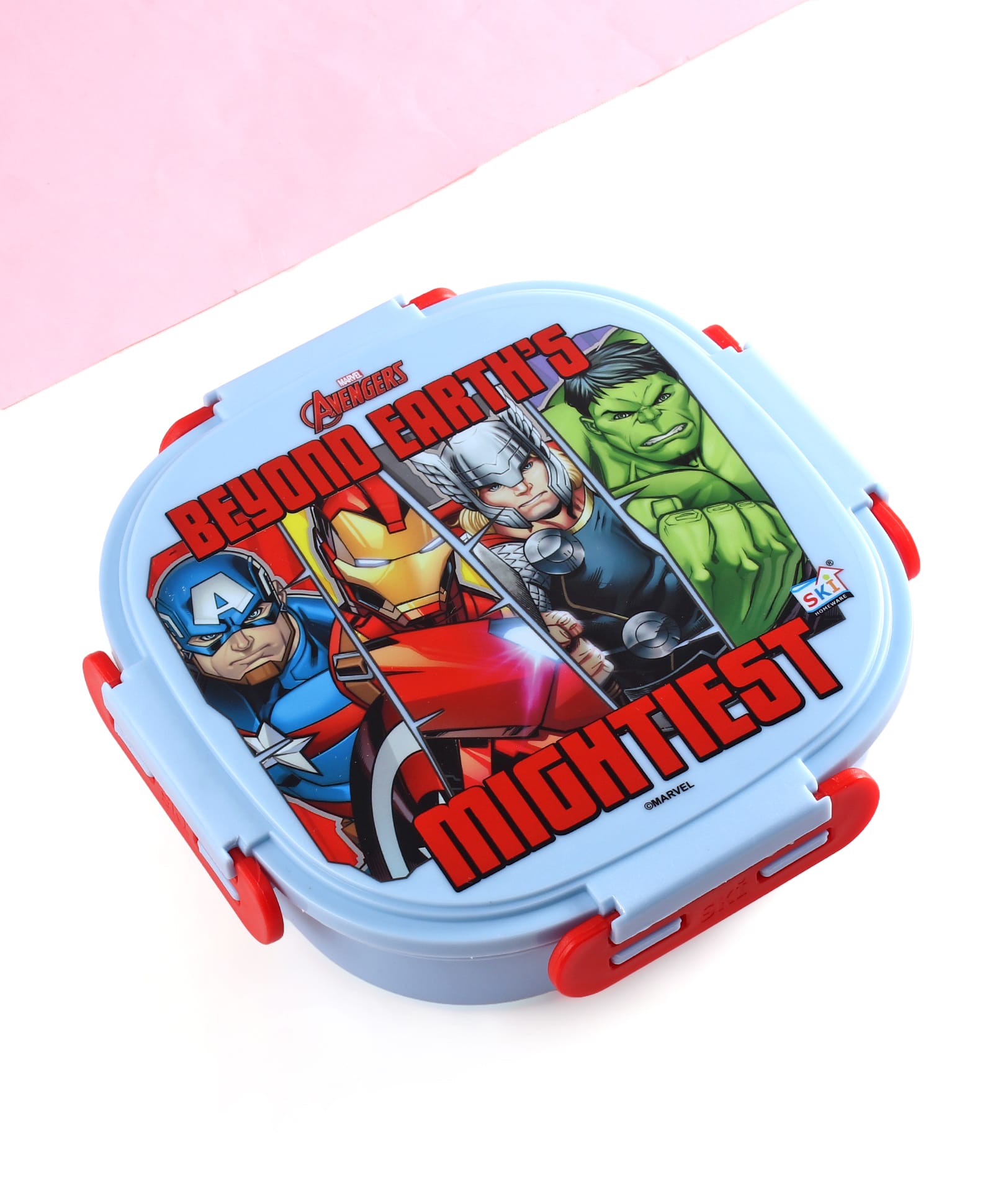 Disney by SKI Insulated 3 Baker Lunch Box with Stainless Steel Inner Leak-Proof BPA-Free with Steel Spoon With Avengers Beyond Earth's mightiest Print- L.ight blue & Red-image-7