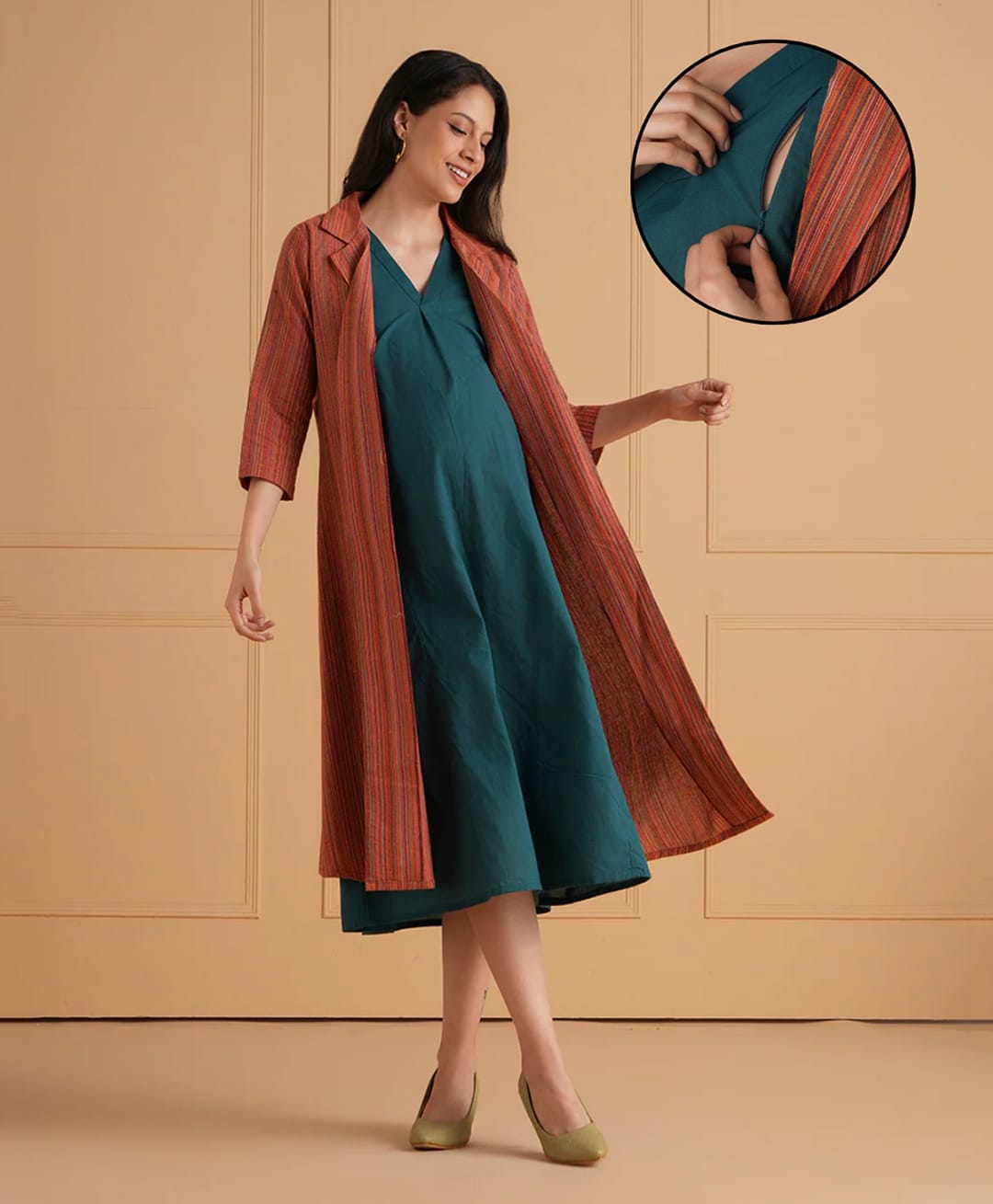 The Mom Store Cotton Woven Three Fourth Sleeves Solid Maternity Dress With Side Zipper Nursing Access & Striped Shacket - Teal Blue & Orange-picture-40