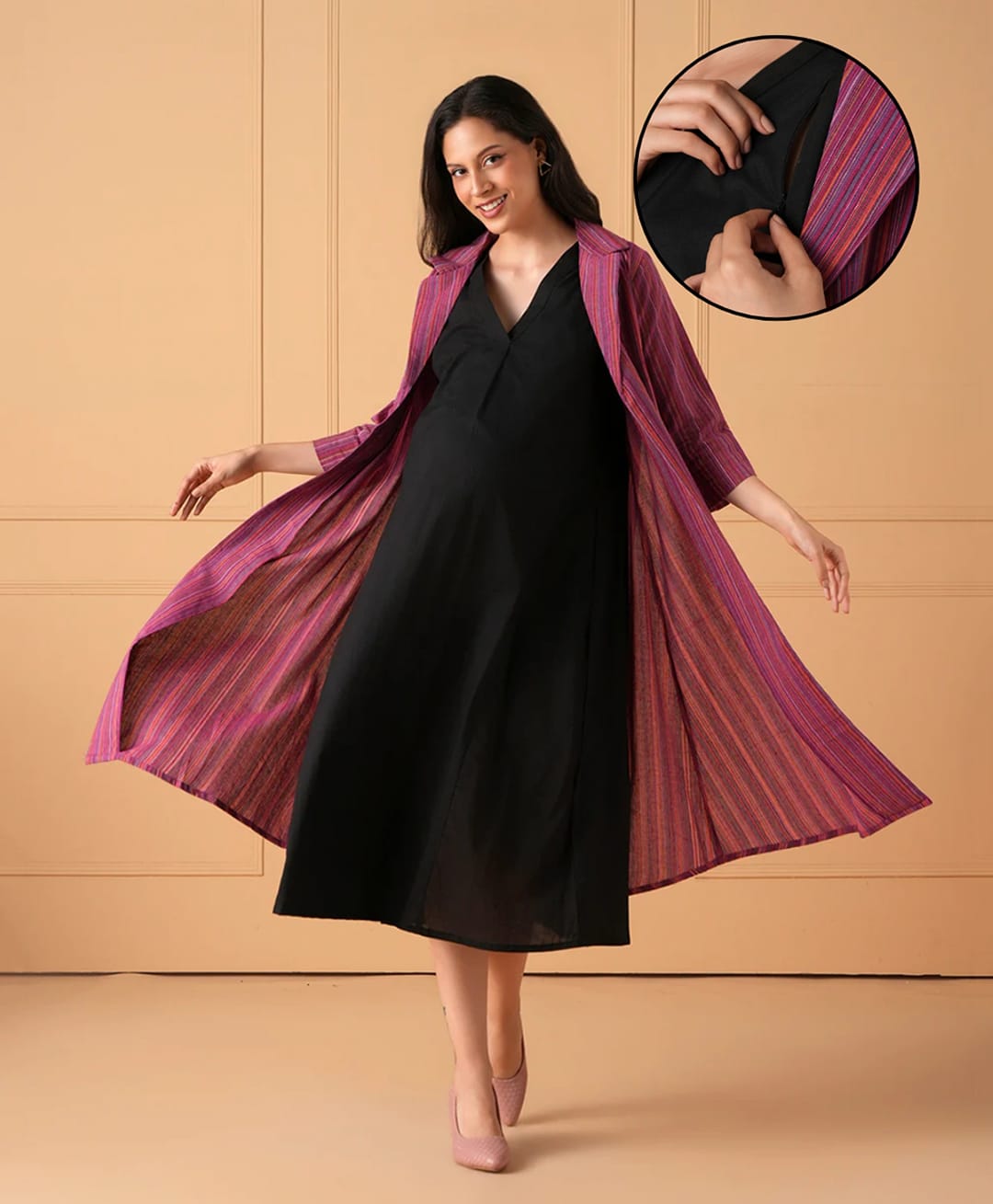 The Mom Store Cotton Woven Three Fourth Sleeves Solid Maternity Dress With Side Zipper Nursing Access & Striped Shacket - Black & Pink-picture-39