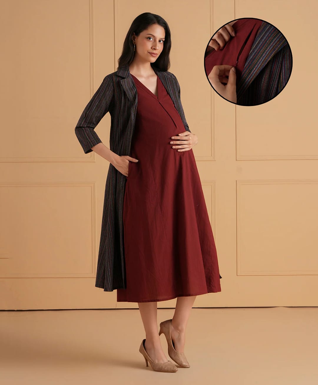 The Mom Store Cotton Woven Three Fourth Sleeves Solid Maternity Dress With Side Zipper Nursing Access & Striped Shacket - Maroon & Black-image-48