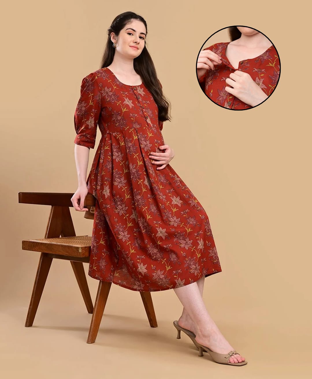 The Mom Store Cotton Woven Three Fourth Sleeves Floral Printed Maternity Dress With Front Open Nursing Access - Red-image-44