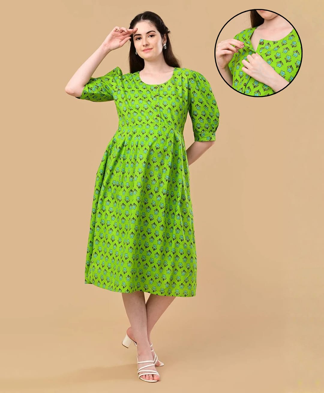 The Mom Store Cotton Woven Three Fourth Sleeves Floral Motifs Printed Maternity Dress With Front Open Nursing Access -Green-picture-36