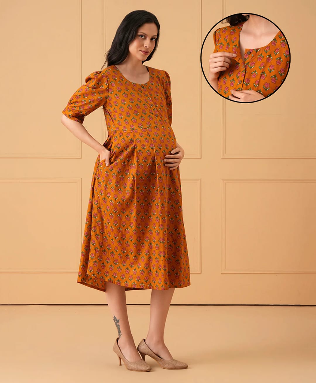 The Mom Store Cotton Woven Three Fourth Sleeves Floral Motifs Printed Maternity Dress With Front Open Nursing Access - Mustard-picture-35