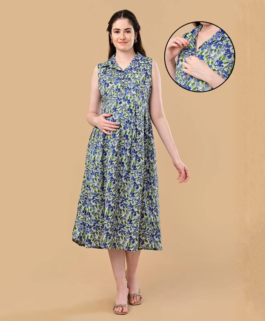 The Mom Store Cotton Woven Three Fourth Sleeveless Floral Printed Maternity Dress With Front Open Nursing Access - Multi Colour-picture-34