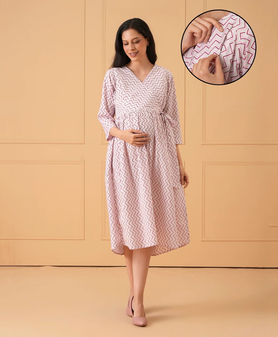 The Mom Store Cotton Woven Three Fourth Sleevees Chevron Printed Maternity Dress With Side Zipper Nursing Access - Light Pink-picture-27